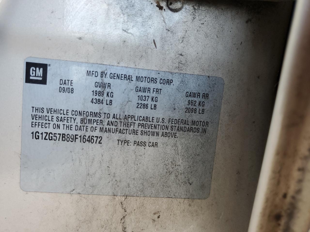 2009 Chevrolet Malibu Ls VIN: 1G1ZG57B89F164672 Lot: 57483464