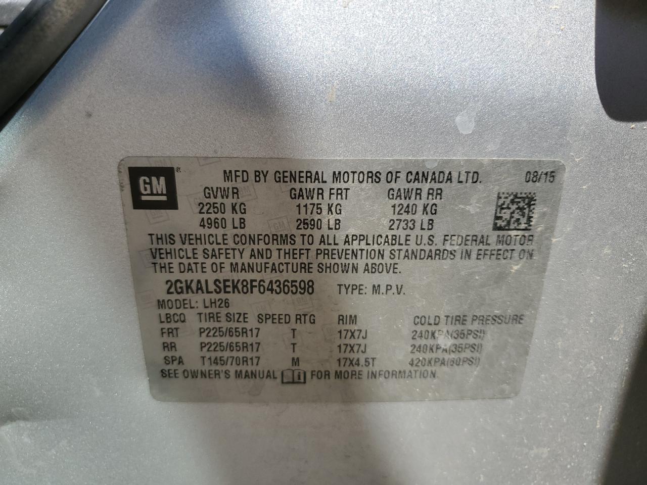 2015 GMC Terrain Slt VIN: 2GKALSEK8F6436598 Lot: 60617434