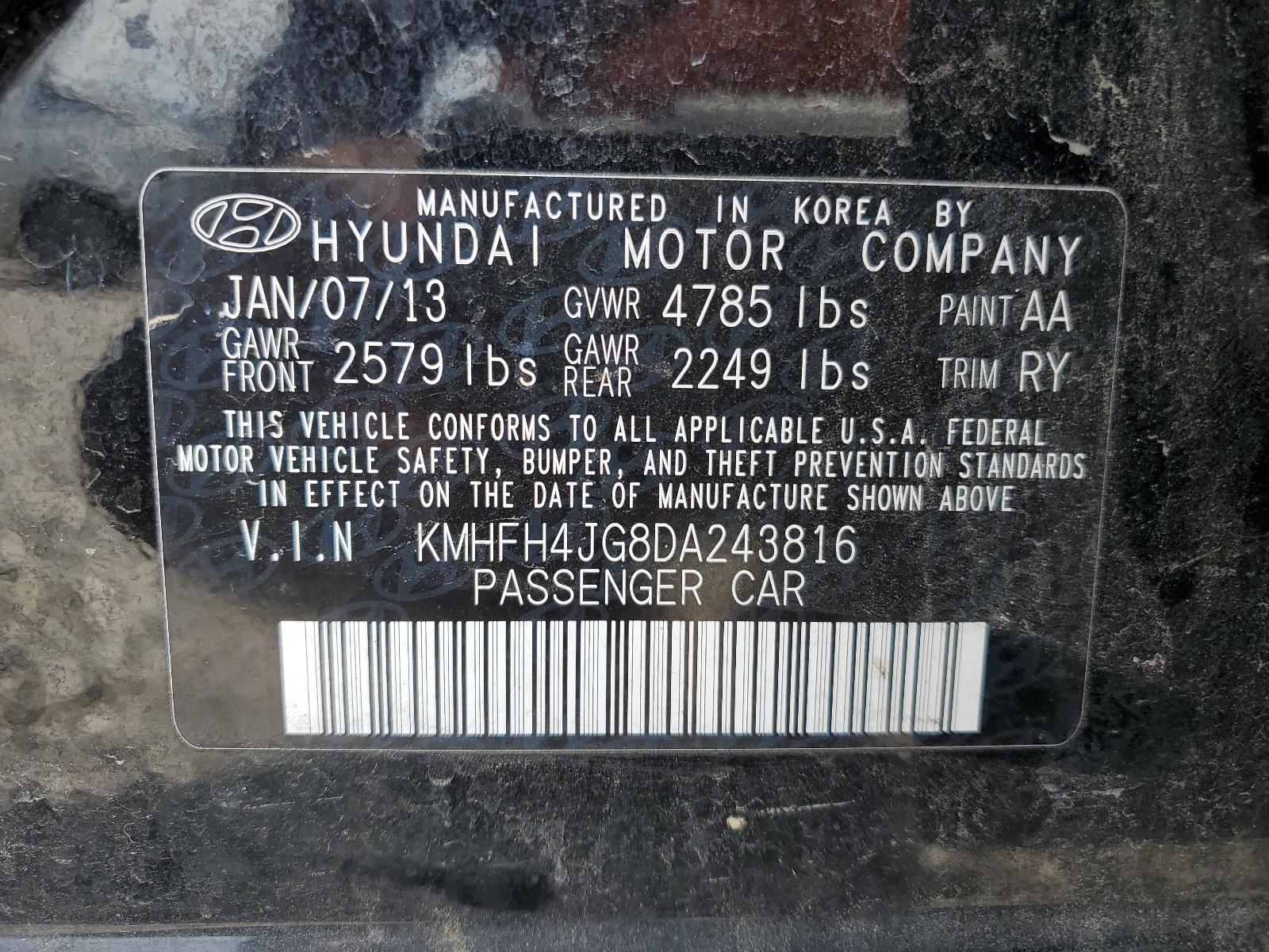 KMHFH4JG8DA243816 2013 Hyundai Azera Gls