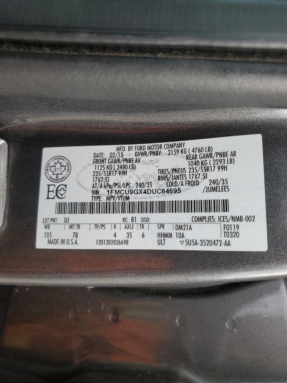 1FMCU9GX4DUC64695 2013 Ford Escape Se