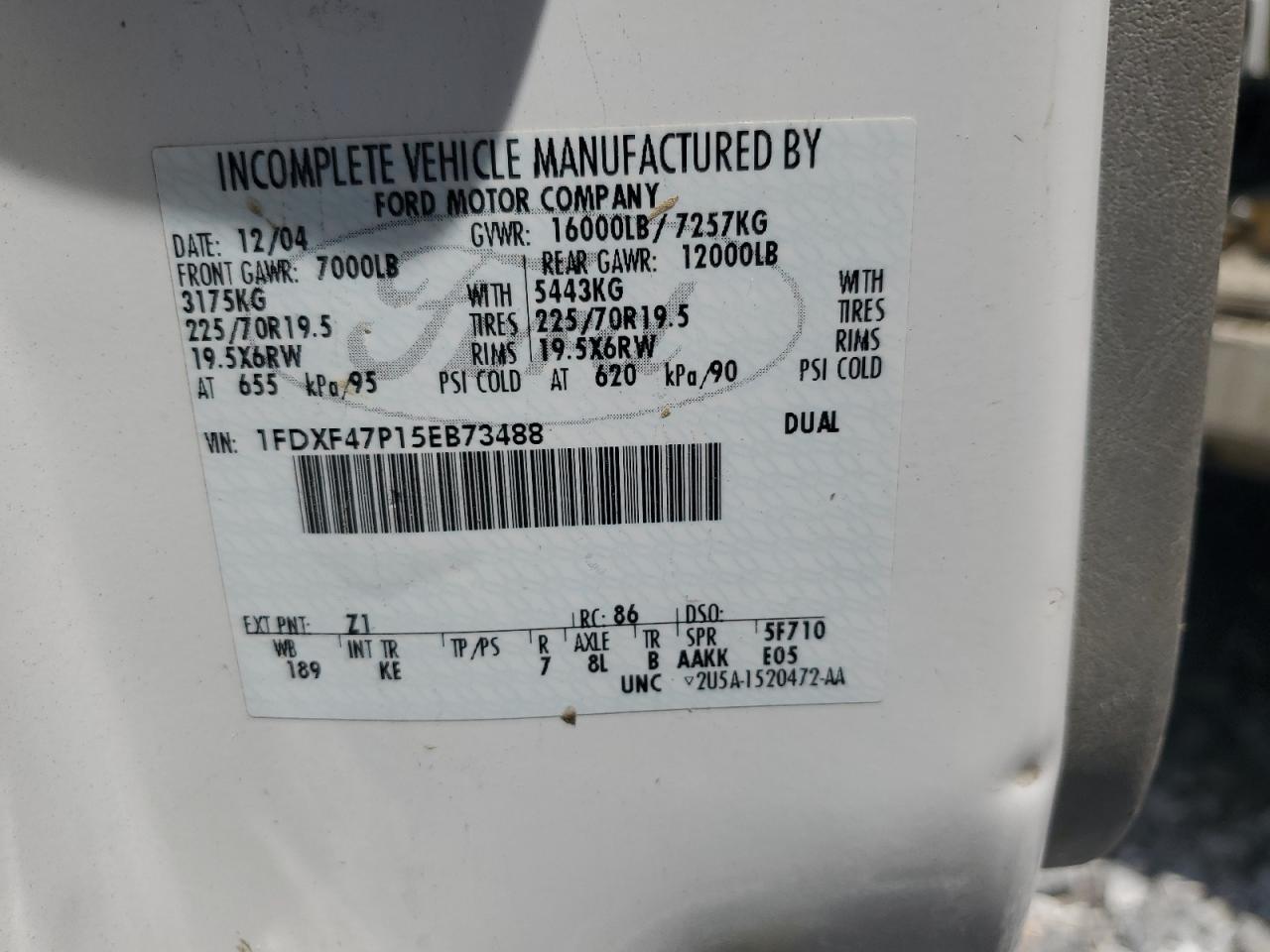 2005 Ford F450 Super Duty VIN: 1FDXF47P15EB73488 Lot: 59100774