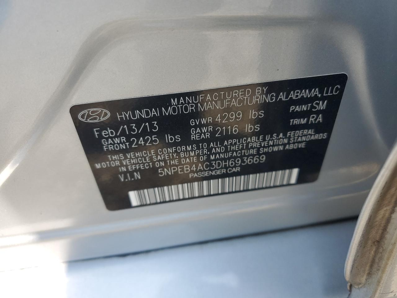 2013 Hyundai Sonata Gls VIN: 5NPEB4AC3DH693669 Lot: 61136124