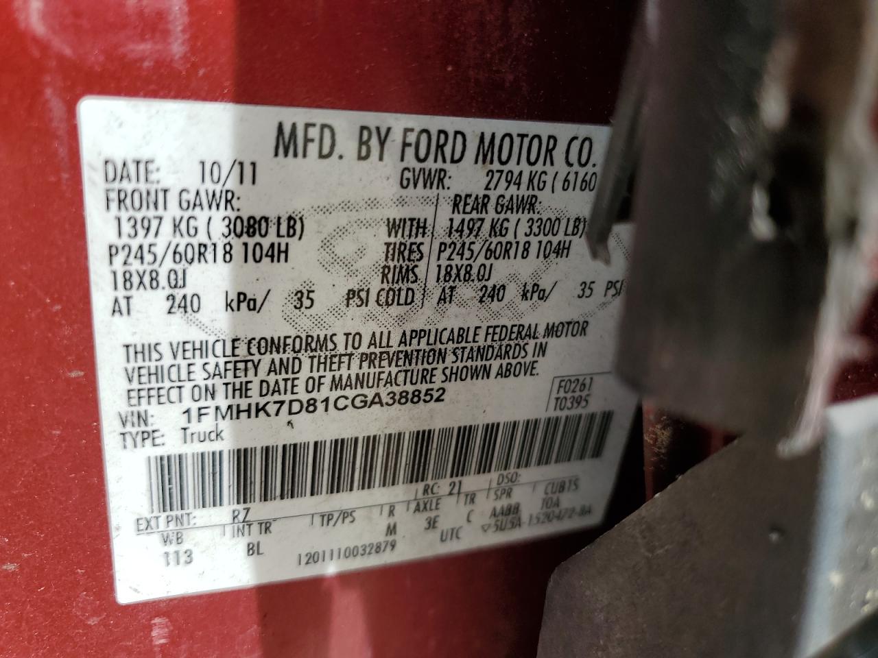 2012 Ford Explorer Xlt VIN: 1FMHK7D81CGA38852 Lot: 59065904