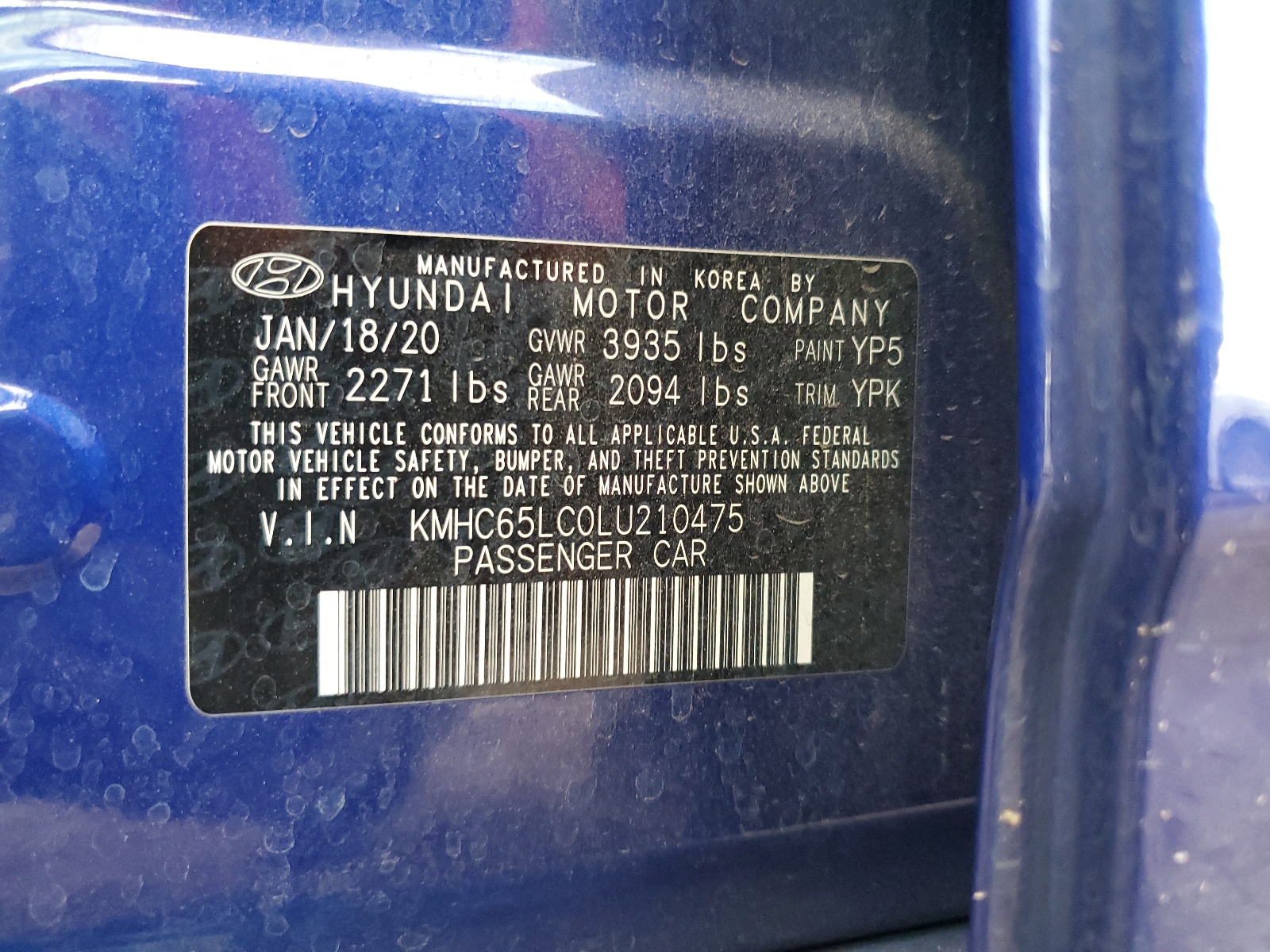 KMHC65LC0LU210475 2020 Hyundai Ioniq Blue