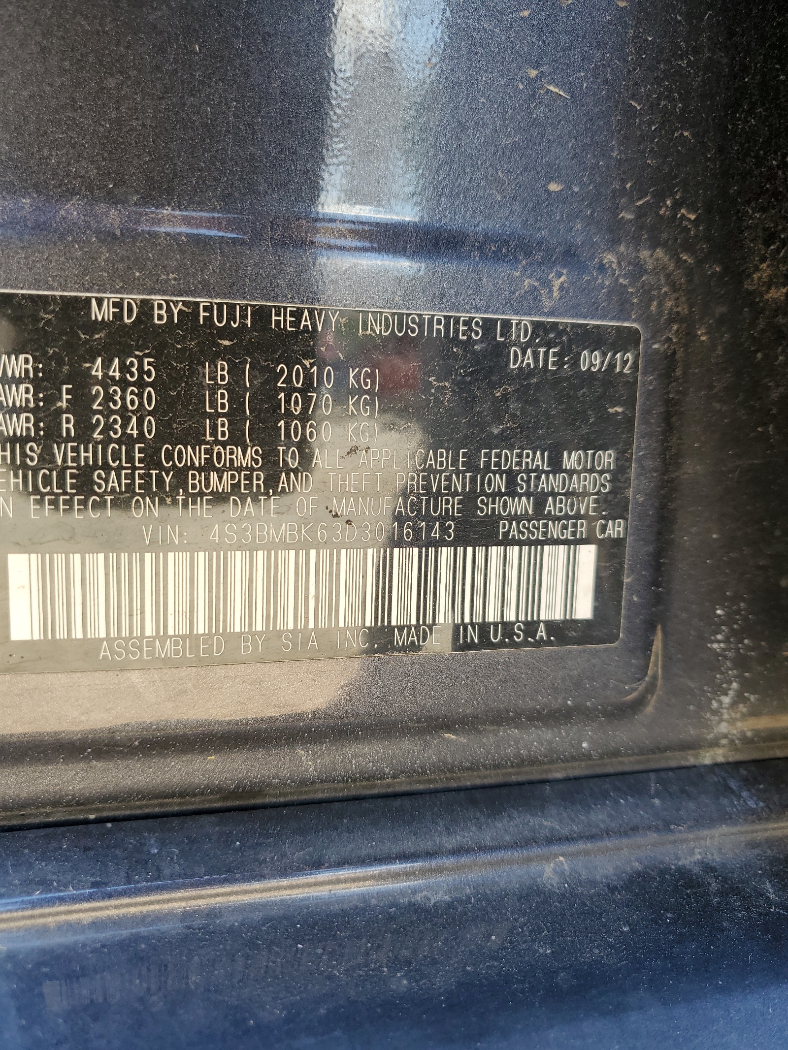 4S3BMBK63D3016143 2013 Subaru Legacy 2.5I Limited