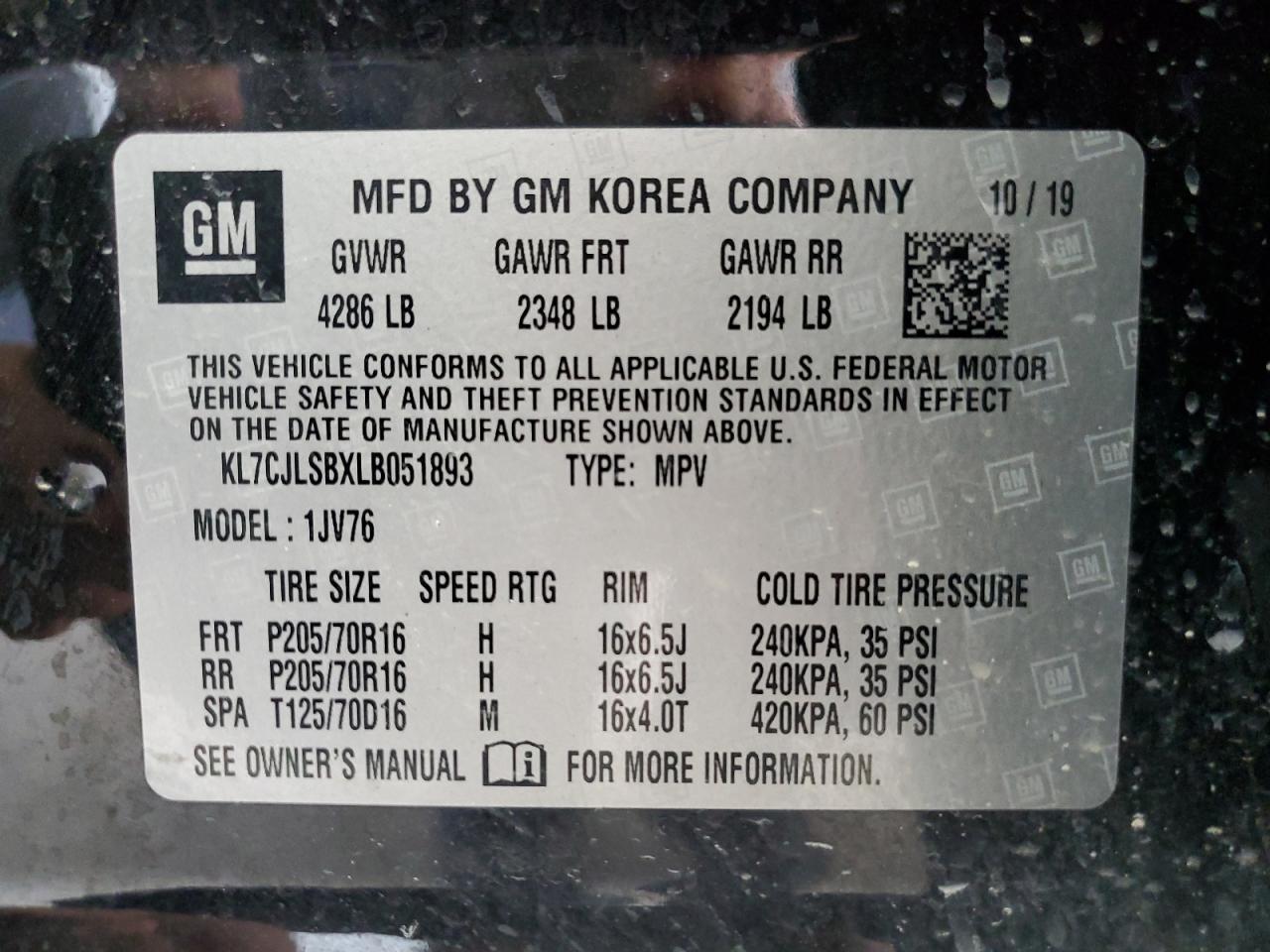 2020 Chevrolet Trax 1Lt VIN: KL7CJLSBXLB051893 Lot: 58228564