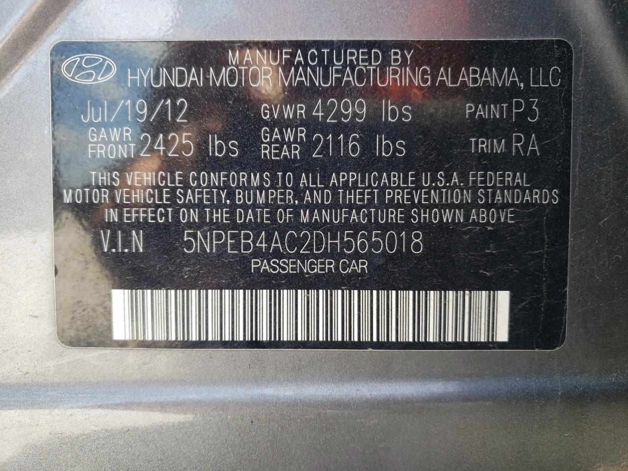 2013 Hyundai Sonata Gls VIN: 5NPEB4AC2DH565018 Lot: 58916824