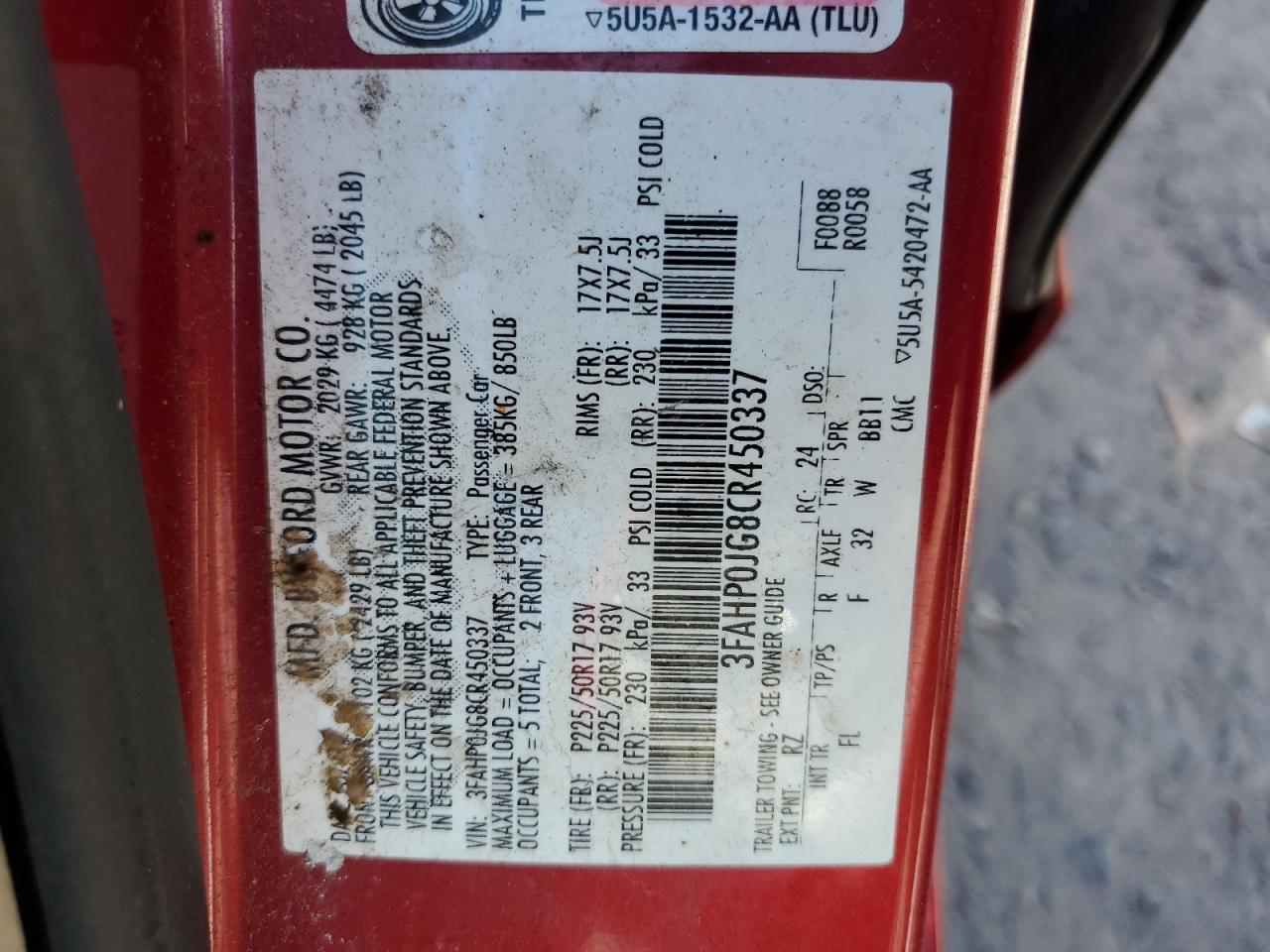 2012 Ford Fusion Sel VIN: 3FAHP0JG8CR450337 Lot: 60926734