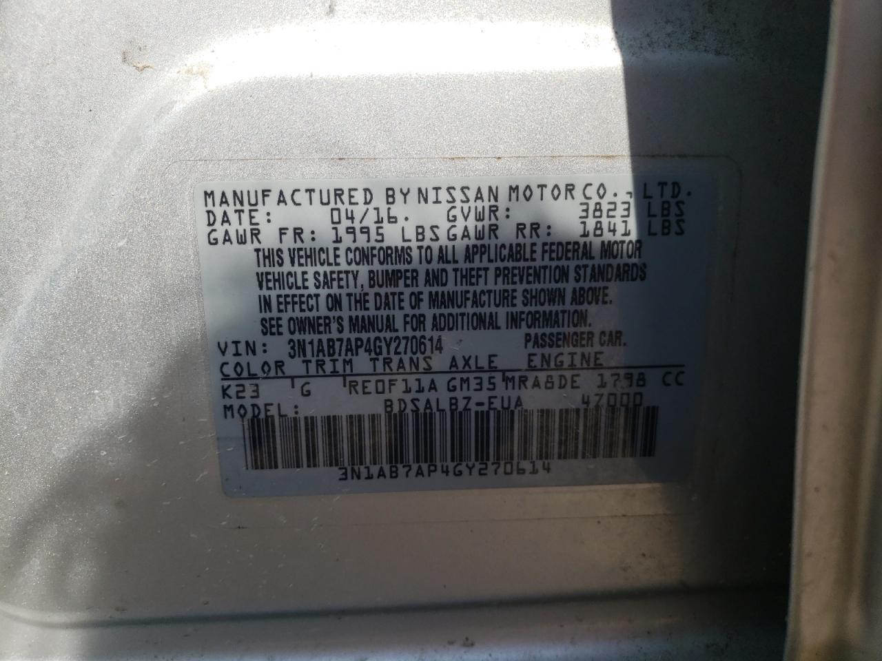 2016 Nissan Sentra S VIN: 3N1AB7AP4GY270614 Lot: 56301124