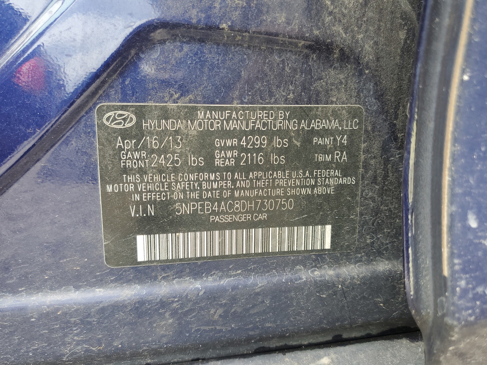 5NPEB4AC8DH730750 2013 Hyundai Sonata Gls