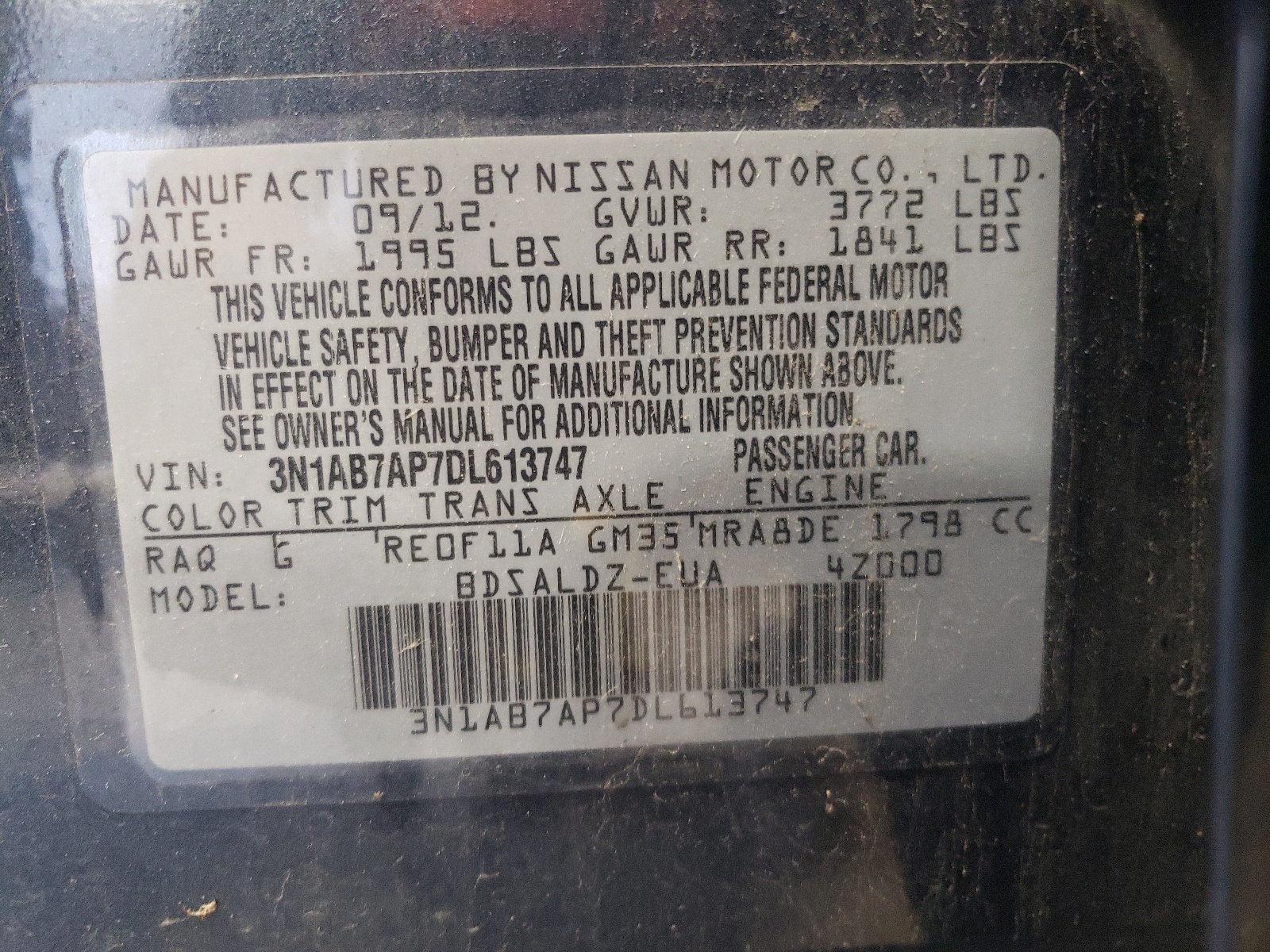 3N1AB7AP7DL613747 2013 Nissan Sentra S