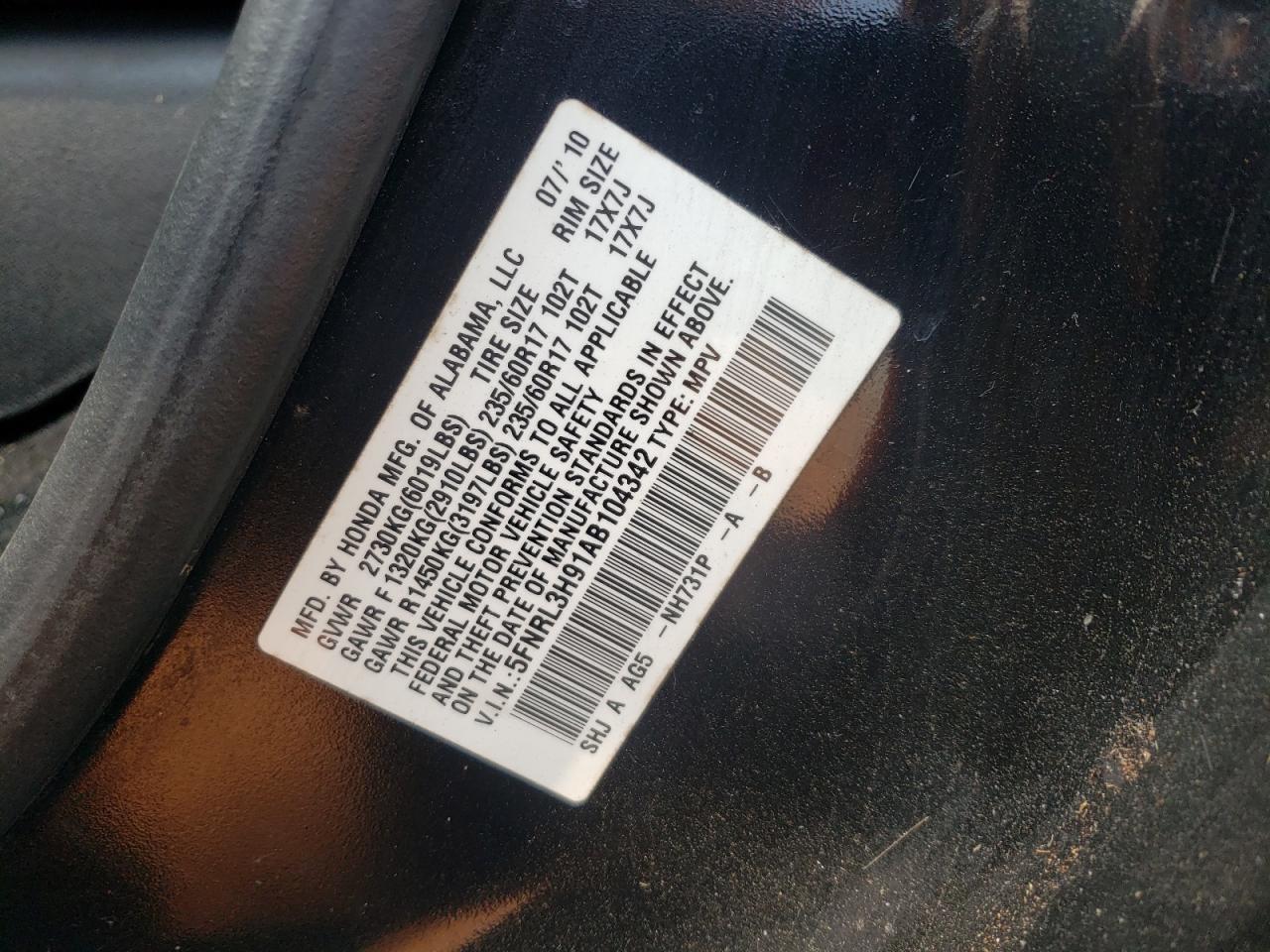 2010 Honda Odyssey Touring VIN: 5FNRL3H91AB104342 Lot: 59504294