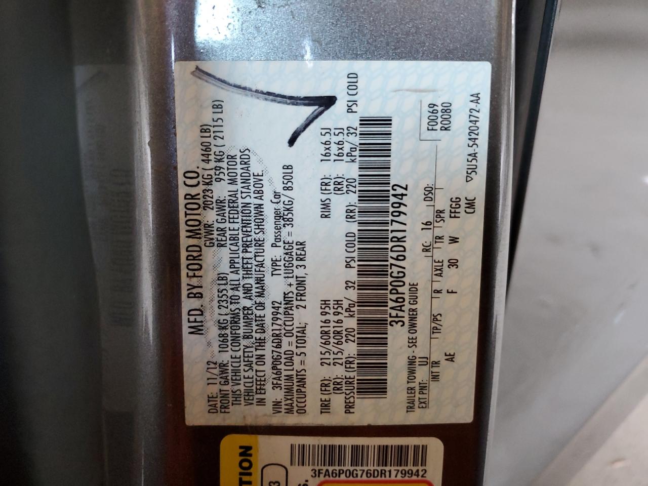 2013 Ford Fusion S VIN: 3FA6P0G76DR179942 Lot: 58865574