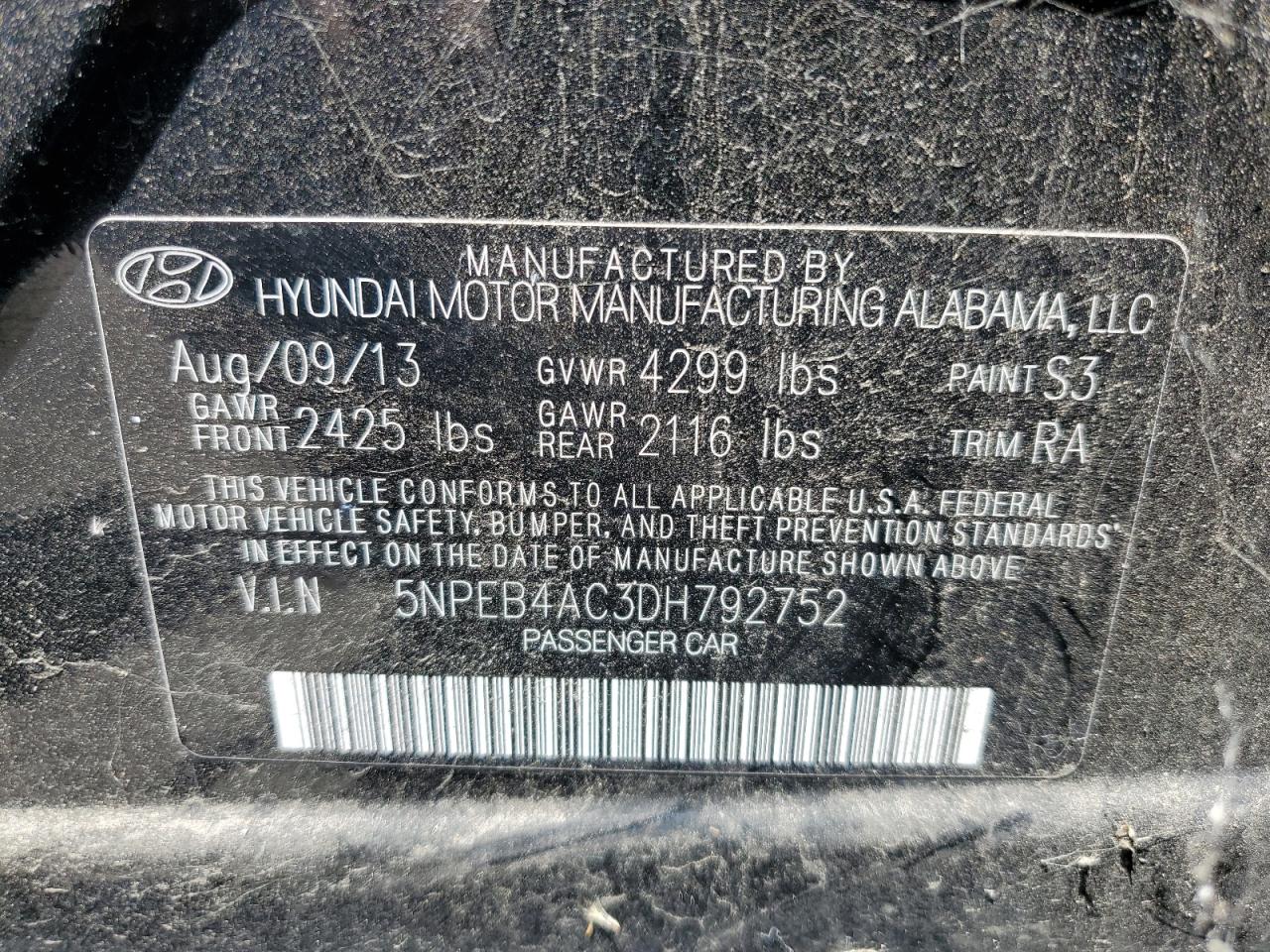 5NPEB4AC3DH792752 2013 Hyundai Sonata Gls