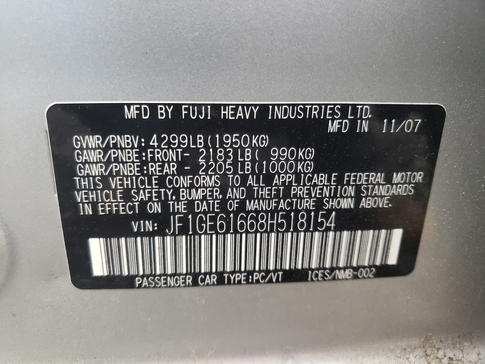 JF1GE61668H518154 2008 Subaru Impreza 2.5I