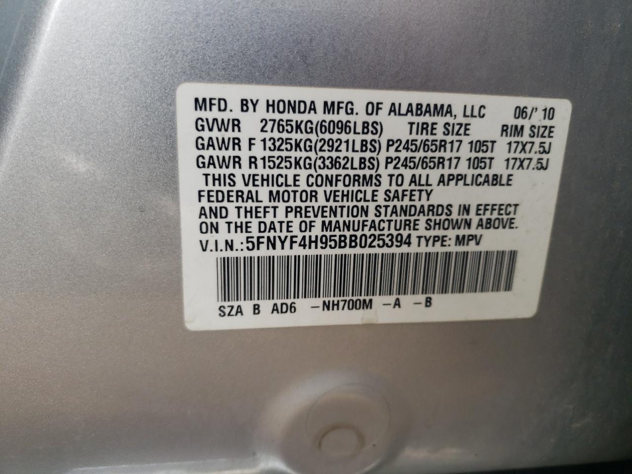 2011 Honda Pilot Touring VIN: 5FNYF4H95BB025394 Lot: 58529074
