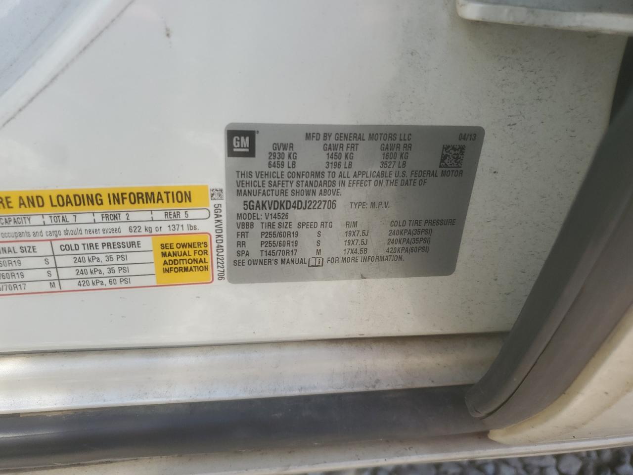 2013 Buick Enclave VIN: 5GAKVDKD4DJ222706 Lot: 60060354