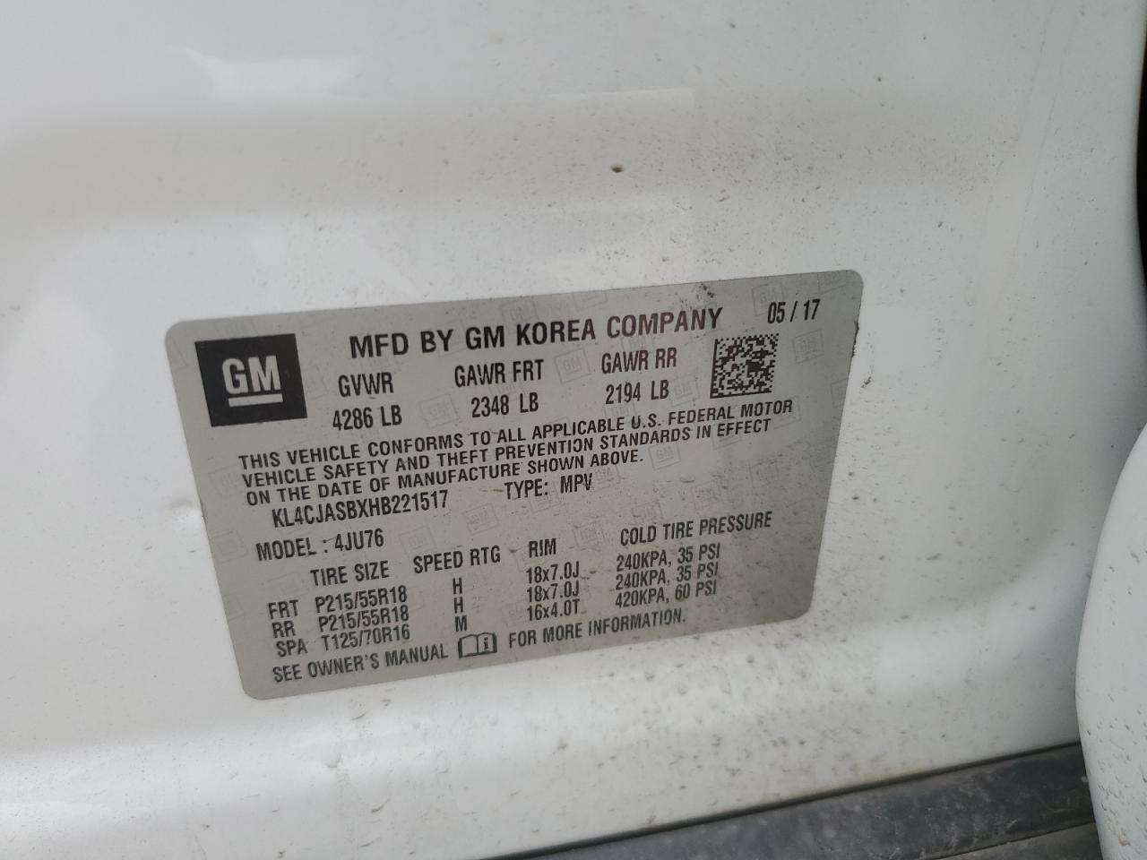 2017 Buick Encore Preferred VIN: KL4CJASBXHB221517 Lot: 57711224