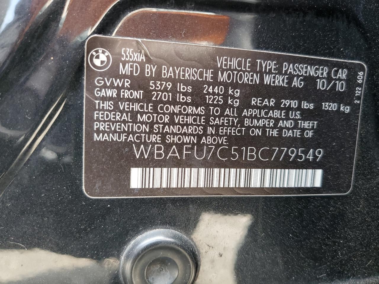 2011 BMW 535 Xi VIN: WBAFU7C51BC779549 Lot: 58734254