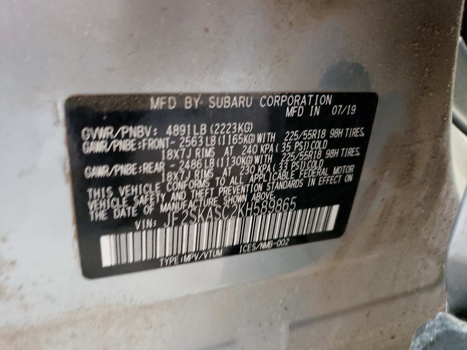 JF2SKASC2KH589865 2019 Subaru Forester Limited