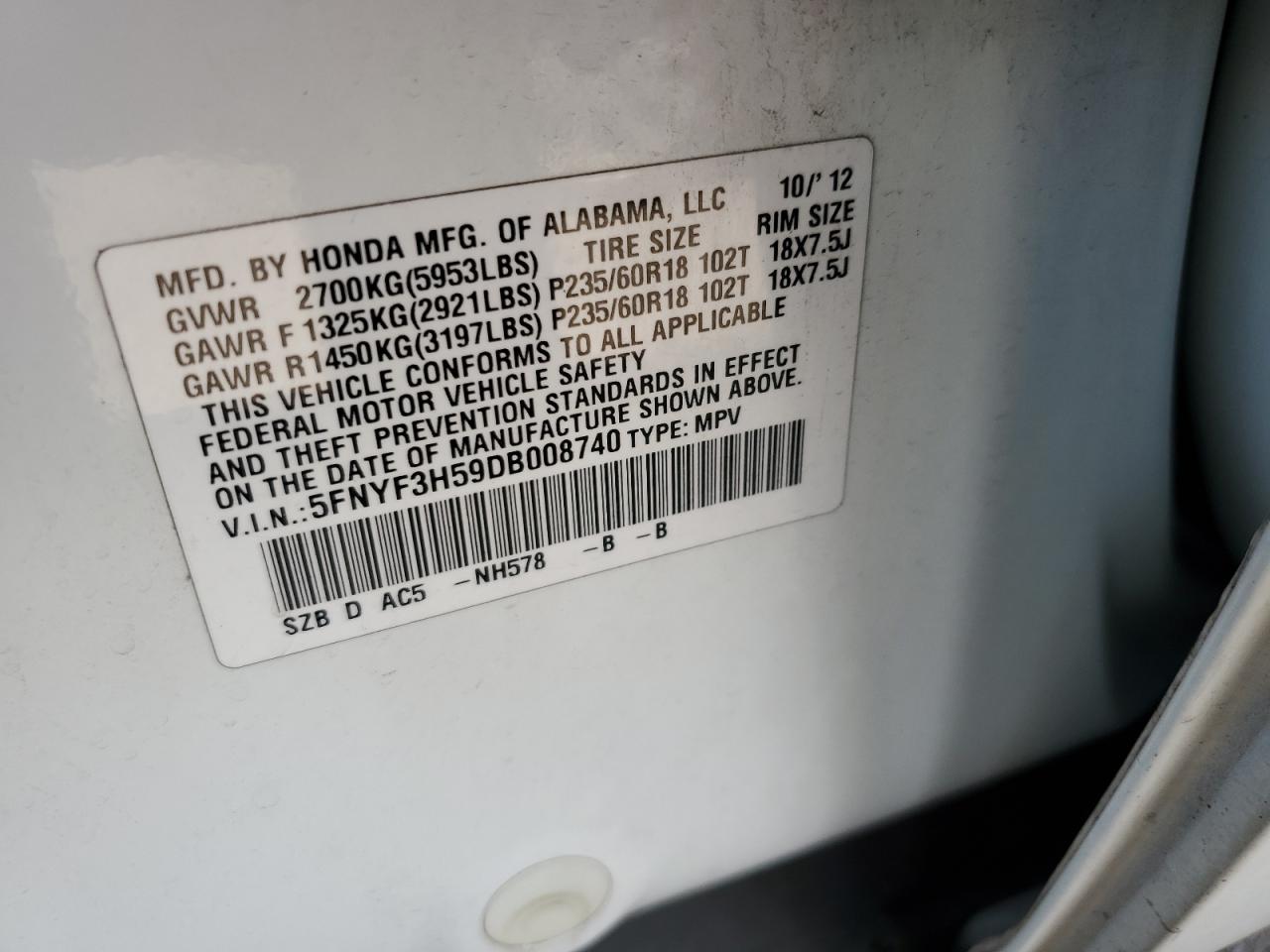 5FNYF3H59DB008740 2013 Honda Pilot Exl