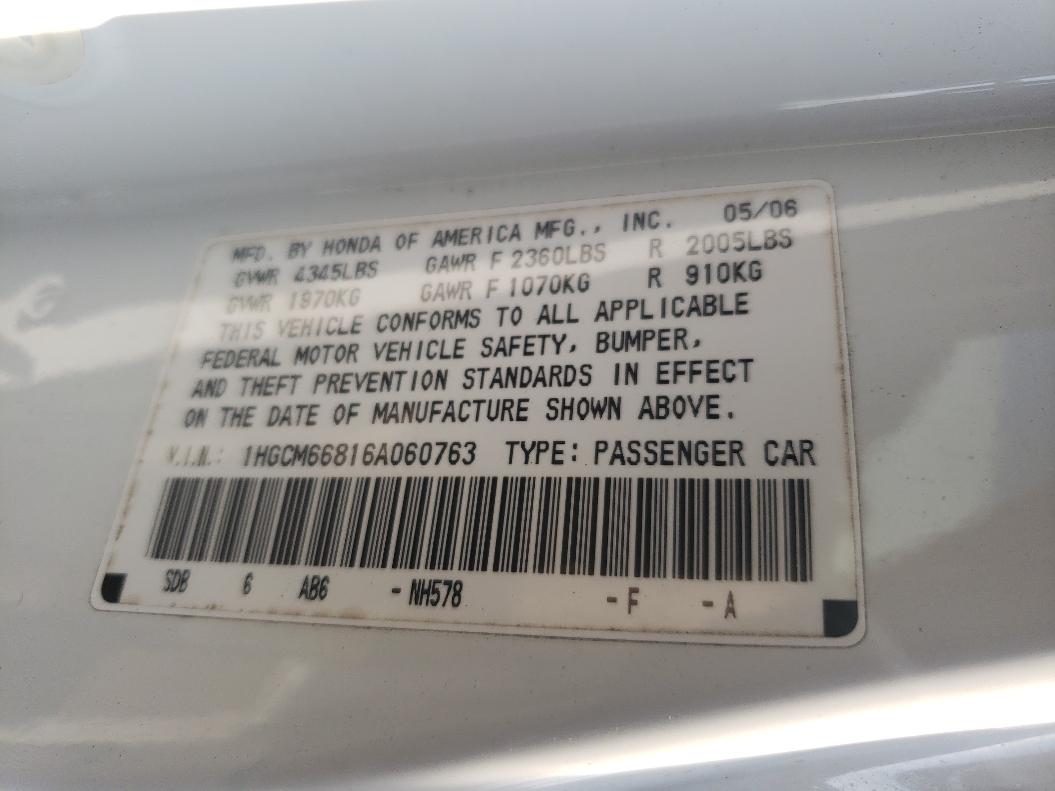 1HGCM66816A060763 2006 Honda Accord Ex