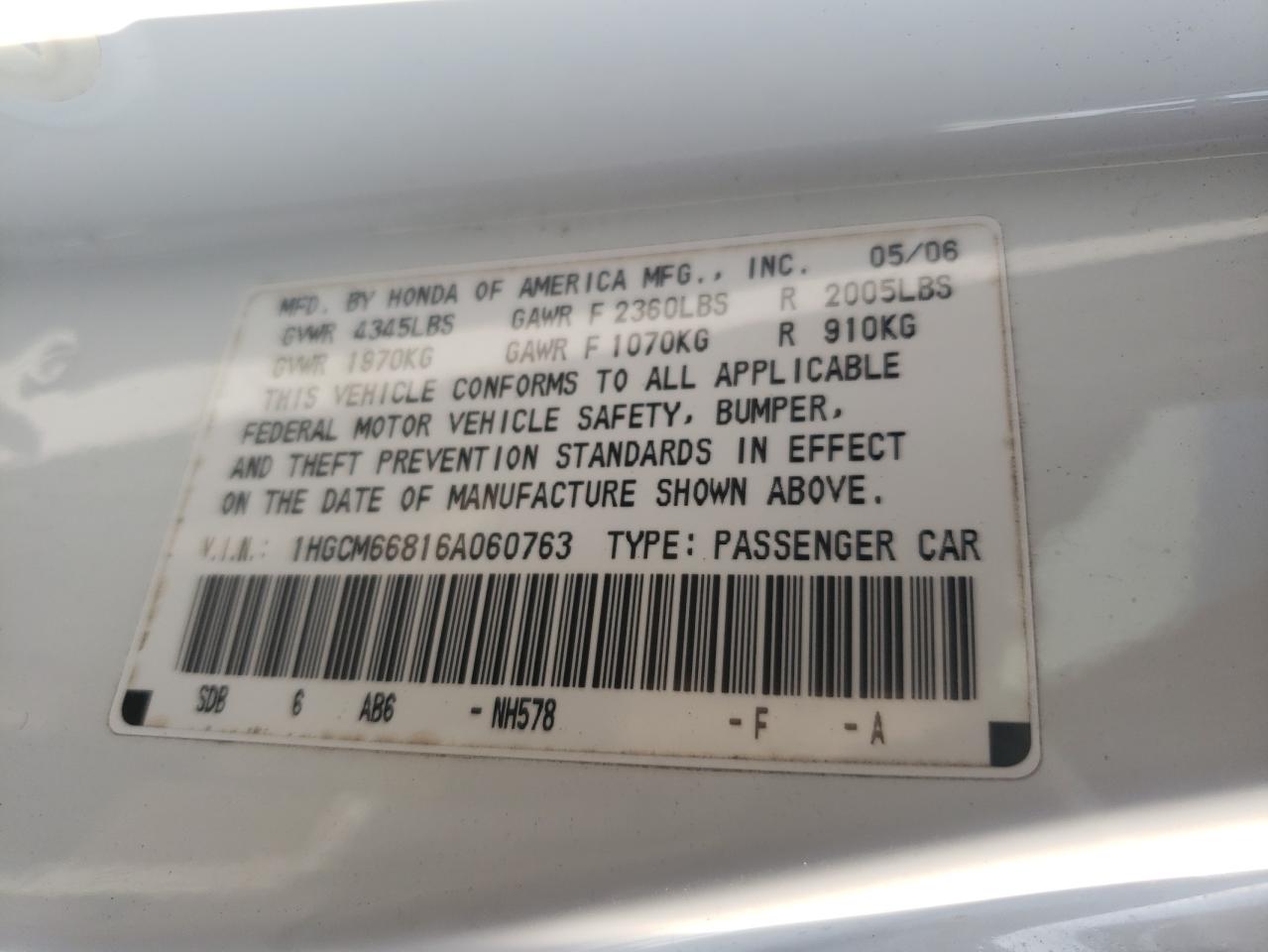 2006 Honda Accord Ex VIN: 1HGCM66816A060763 Lot: 57264744