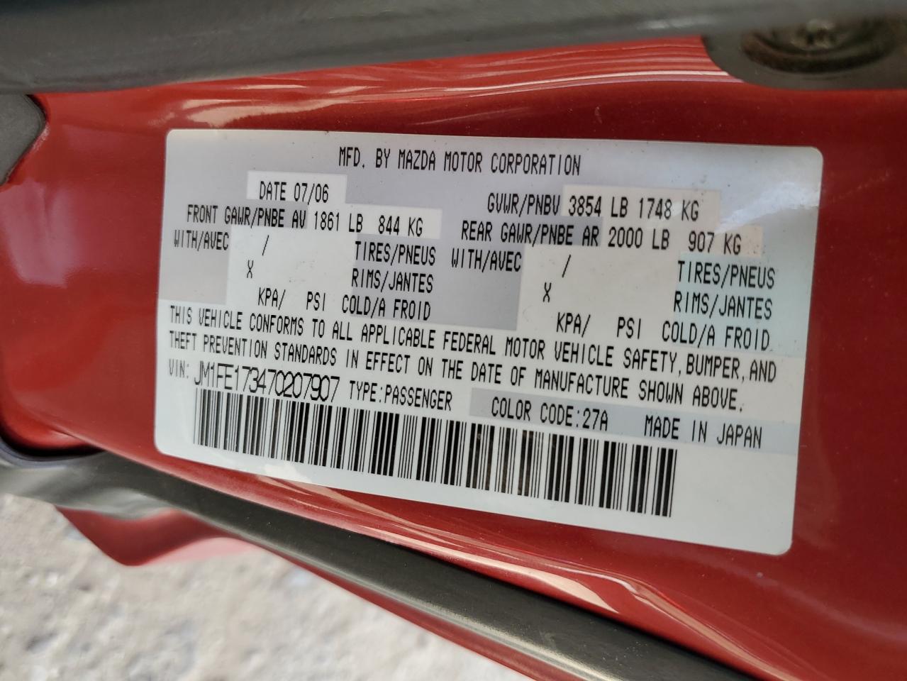 2007 Mazda Rx8 VIN: JM1FE173470207907 Lot: 57697614