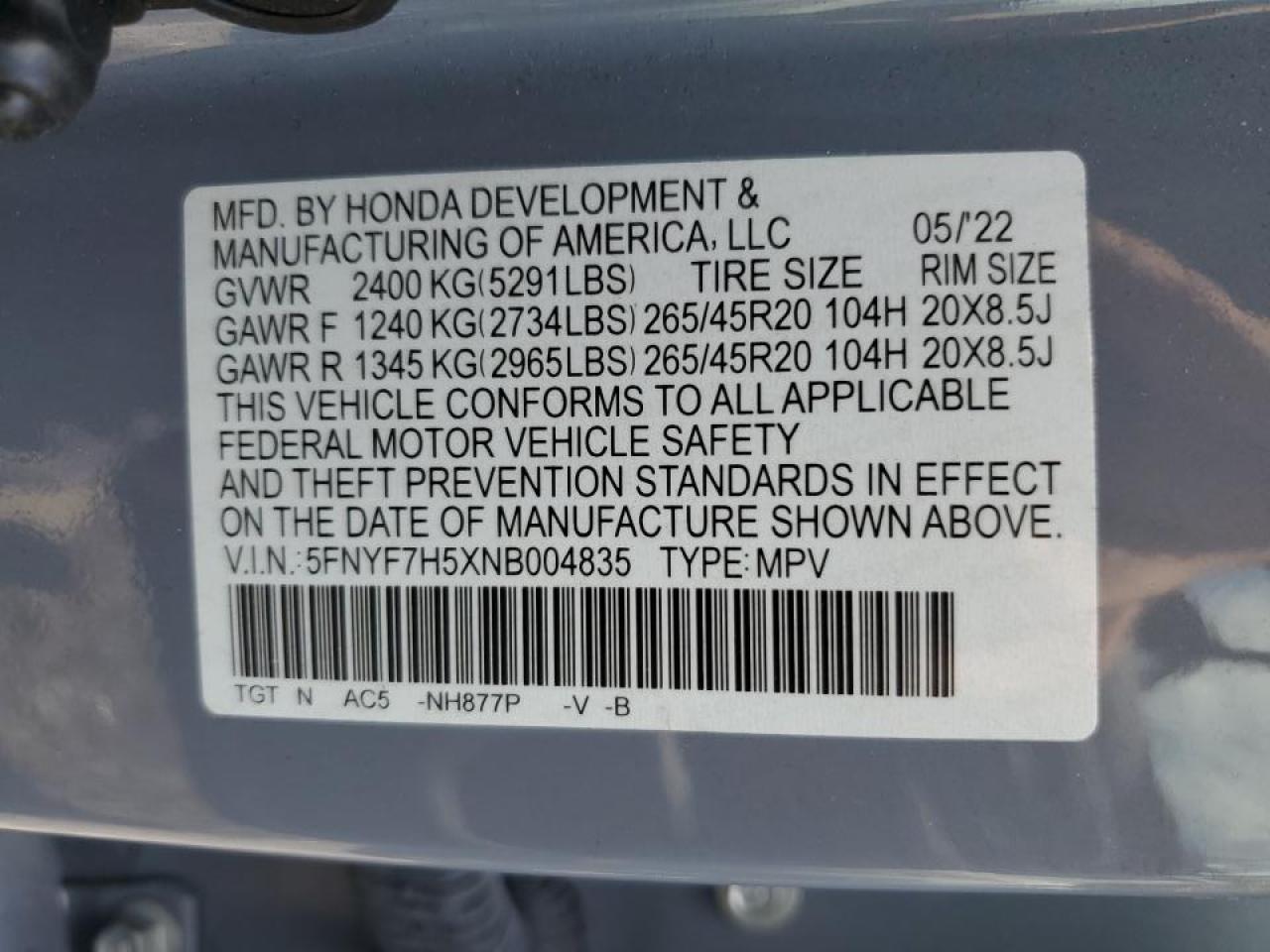 2022 Honda Passport Exl VIN: 5FNYF7H5XNB004835 Lot: 55617154