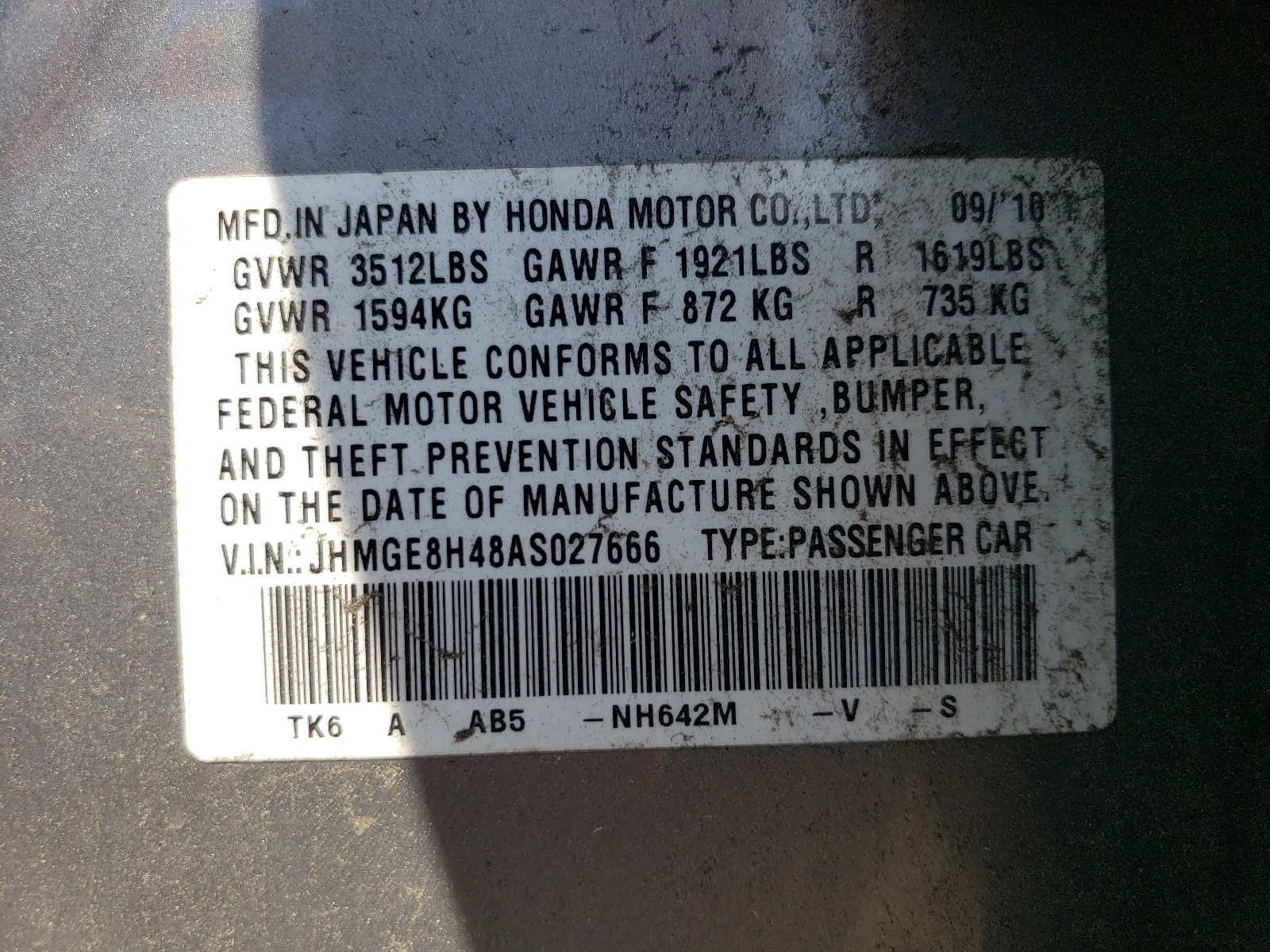 JHMGE8H48AS027666 2010 Honda Fit Sport