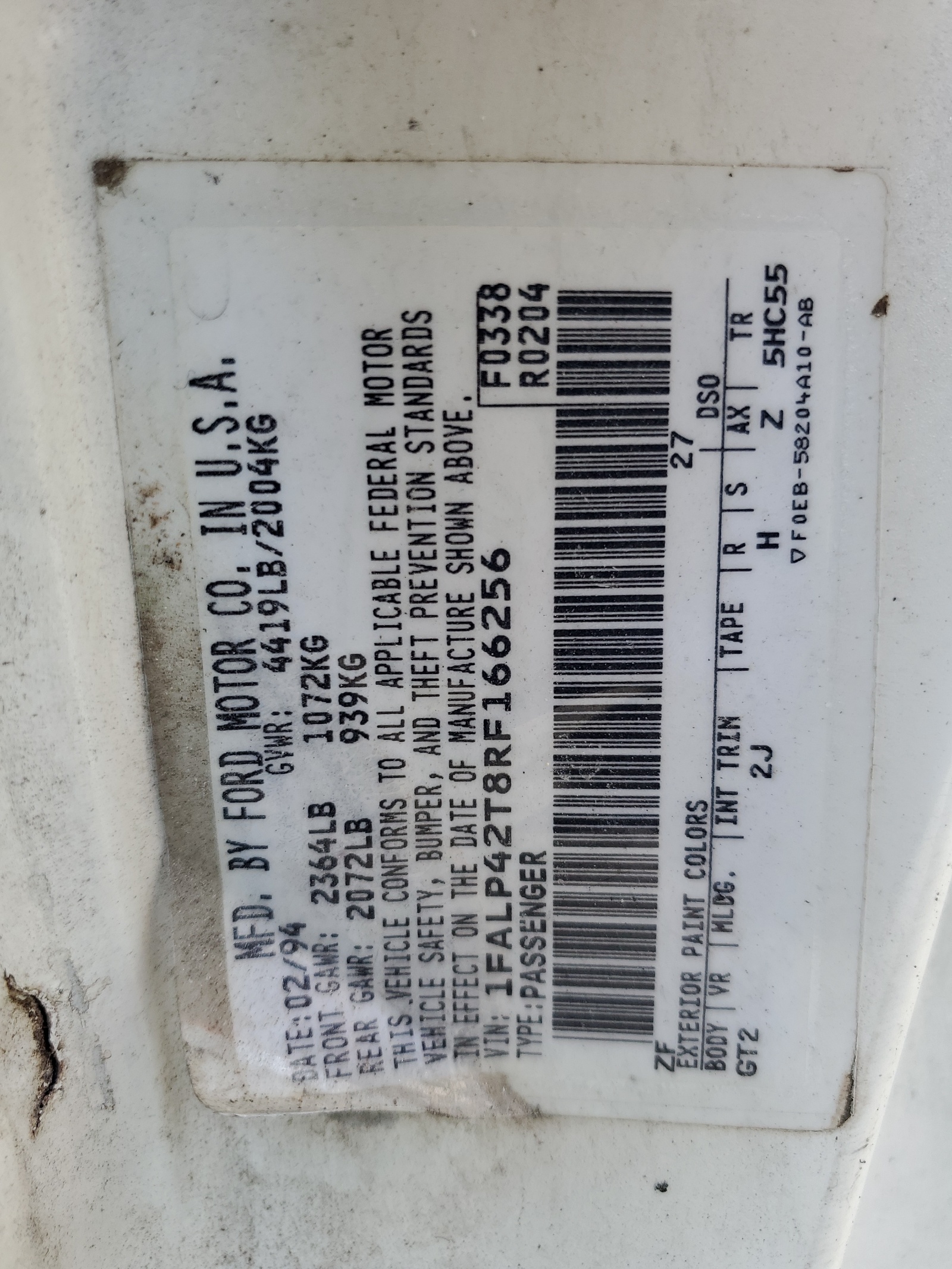 1FALP42T8RF166256 1994 Ford Mustang Gt