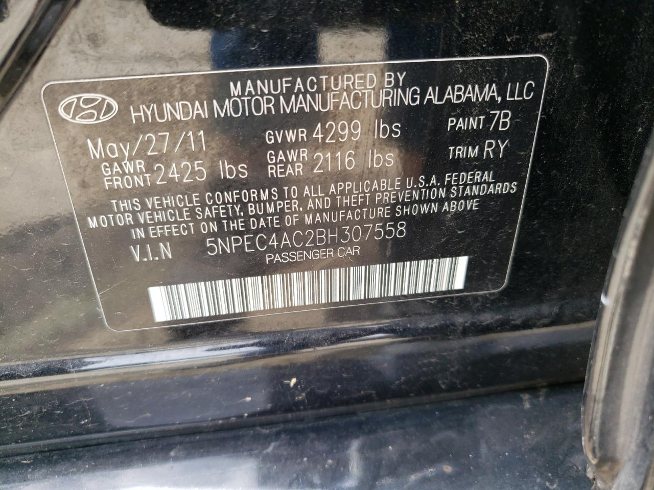 5NPEC4AC2BH307558 2011 Hyundai Sonata Se