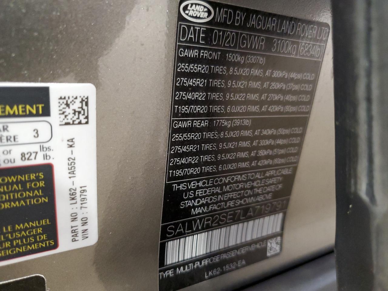 2020 Land Rover Range Rover Sport P525 Hse VIN: SALWR2SE7LA719791 Lot: 60440374