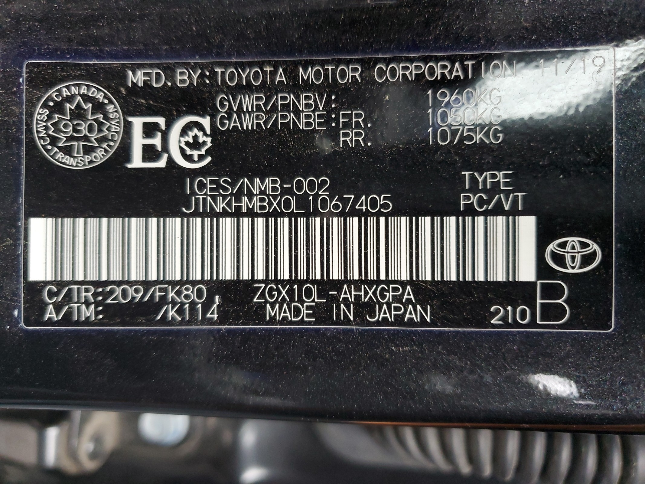 JTNKHMBX0L1067405 2020 Toyota C-Hr Xle