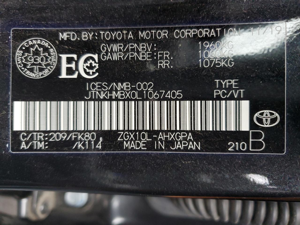 2020 Toyota C-Hr Xle VIN: JTNKHMBX0L1067405 Lot: 58617354