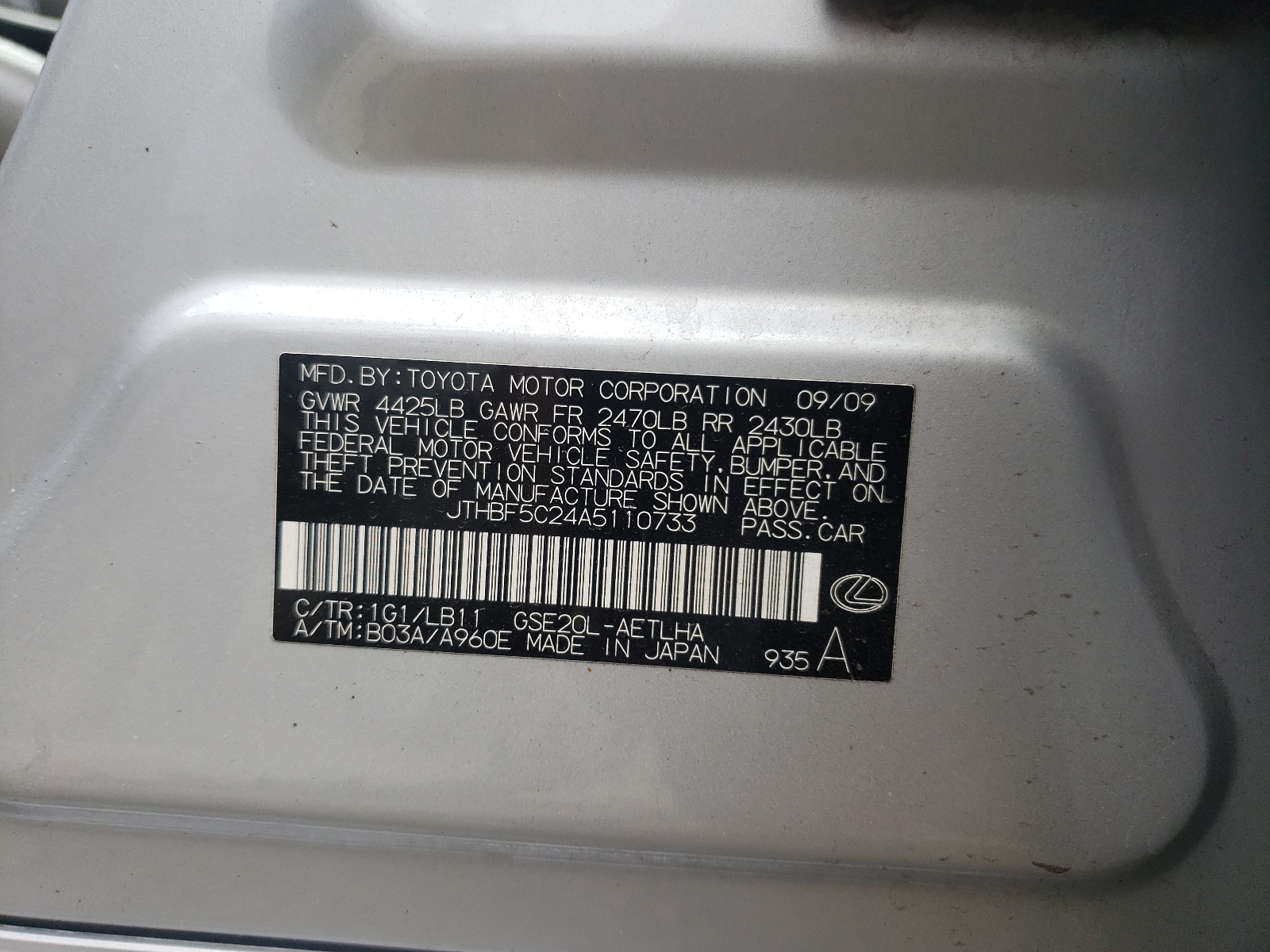 JTHBF5C24A5110733 2010 Lexus Is 250