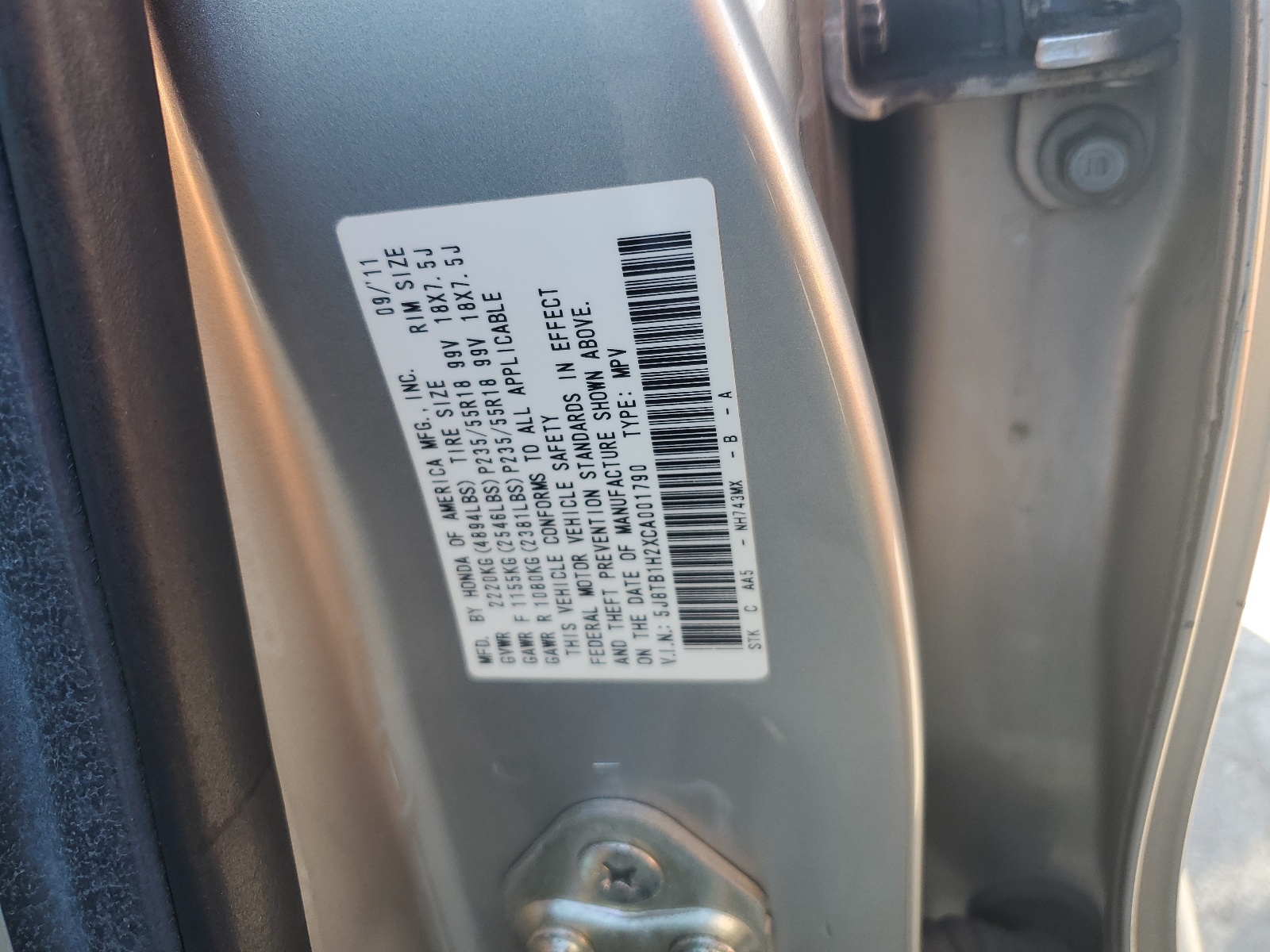 5J8TB1H2XCA001790 2012 Acura Rdx