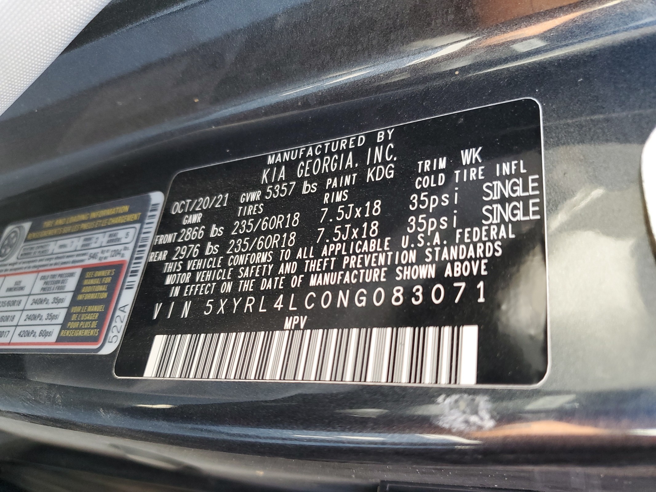 5XYRL4LC0NG083071 2022 Kia Sorento S