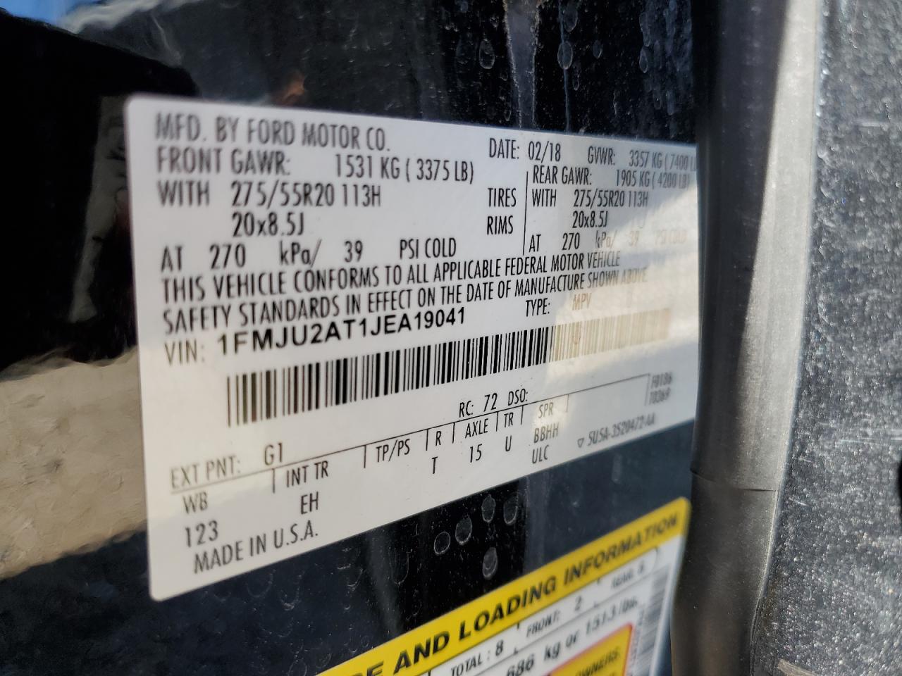 2018 Ford Expedition Limited VIN: 1FMJU2AT1JEA19041 Lot: 58525474