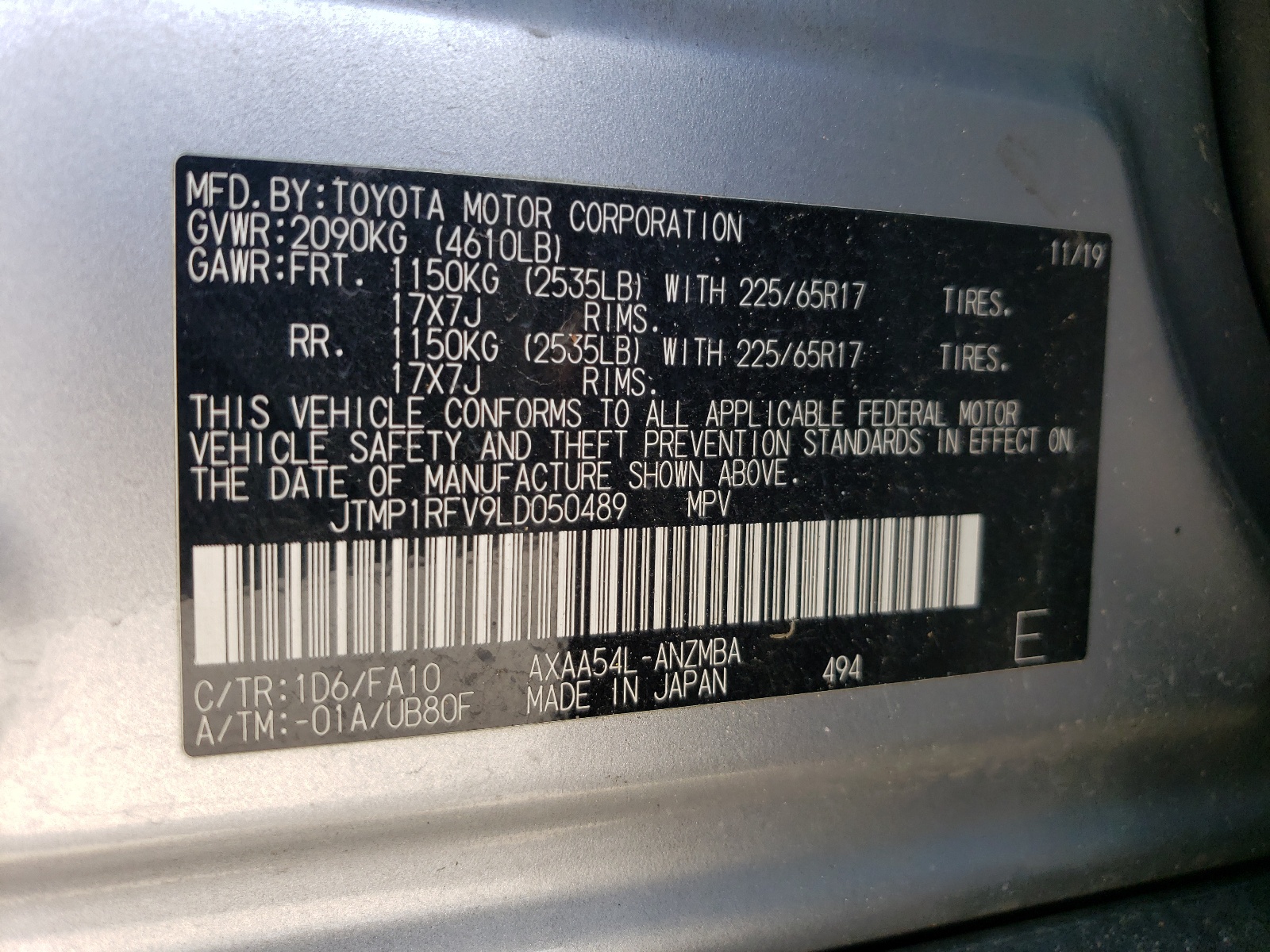 JTMP1RFV9LD050489 2020 Toyota Rav4 Xle