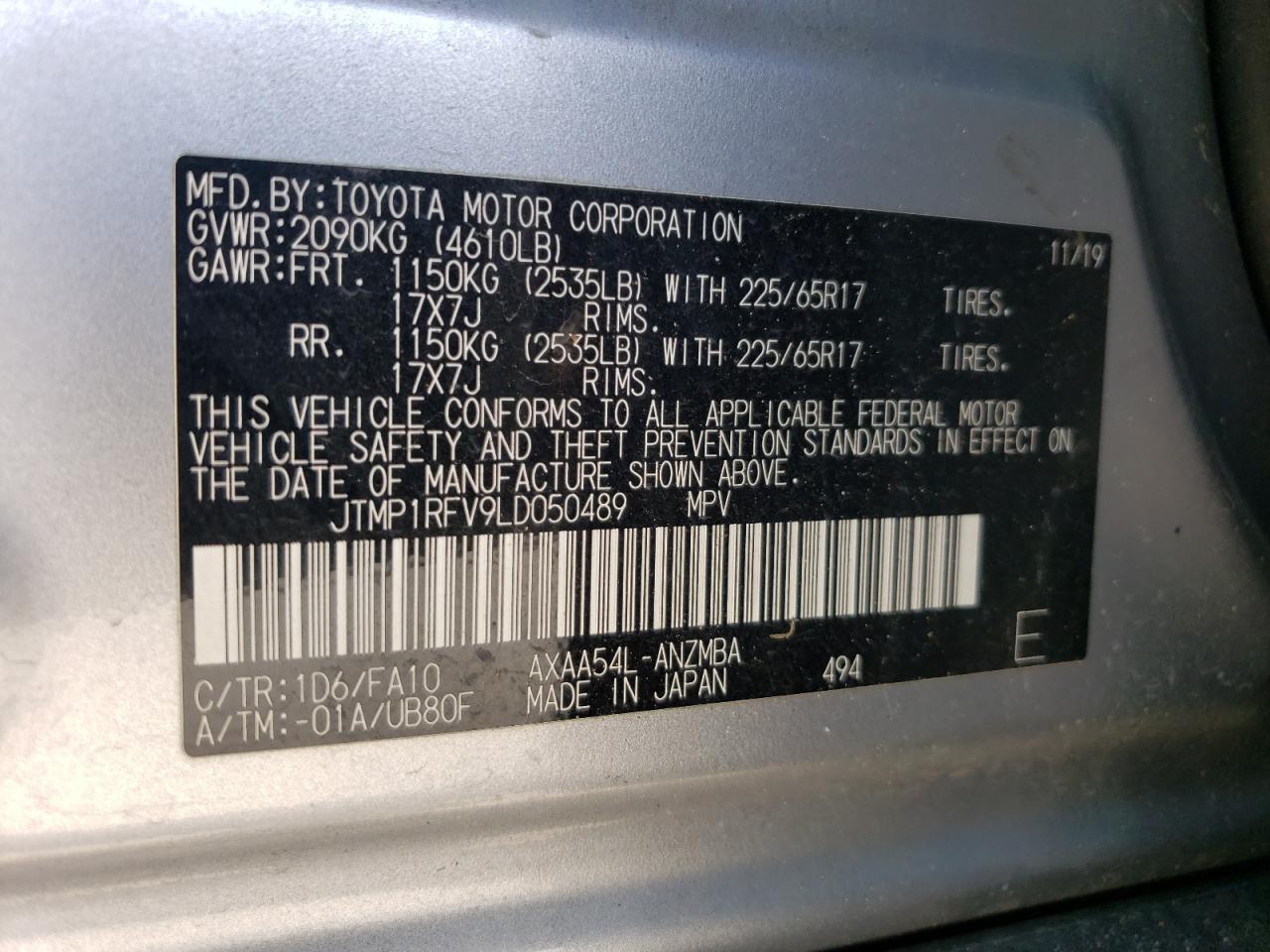 2020 Toyota Rav4 Xle VIN: JTMP1RFV9LD050489 Lot: 61386524