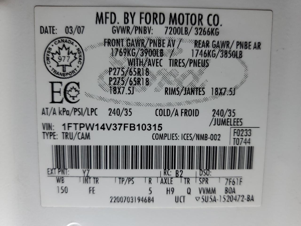 2007 Ford F150 Supercrew VIN: 1FTPW14V37FB10315 Lot: 58111654