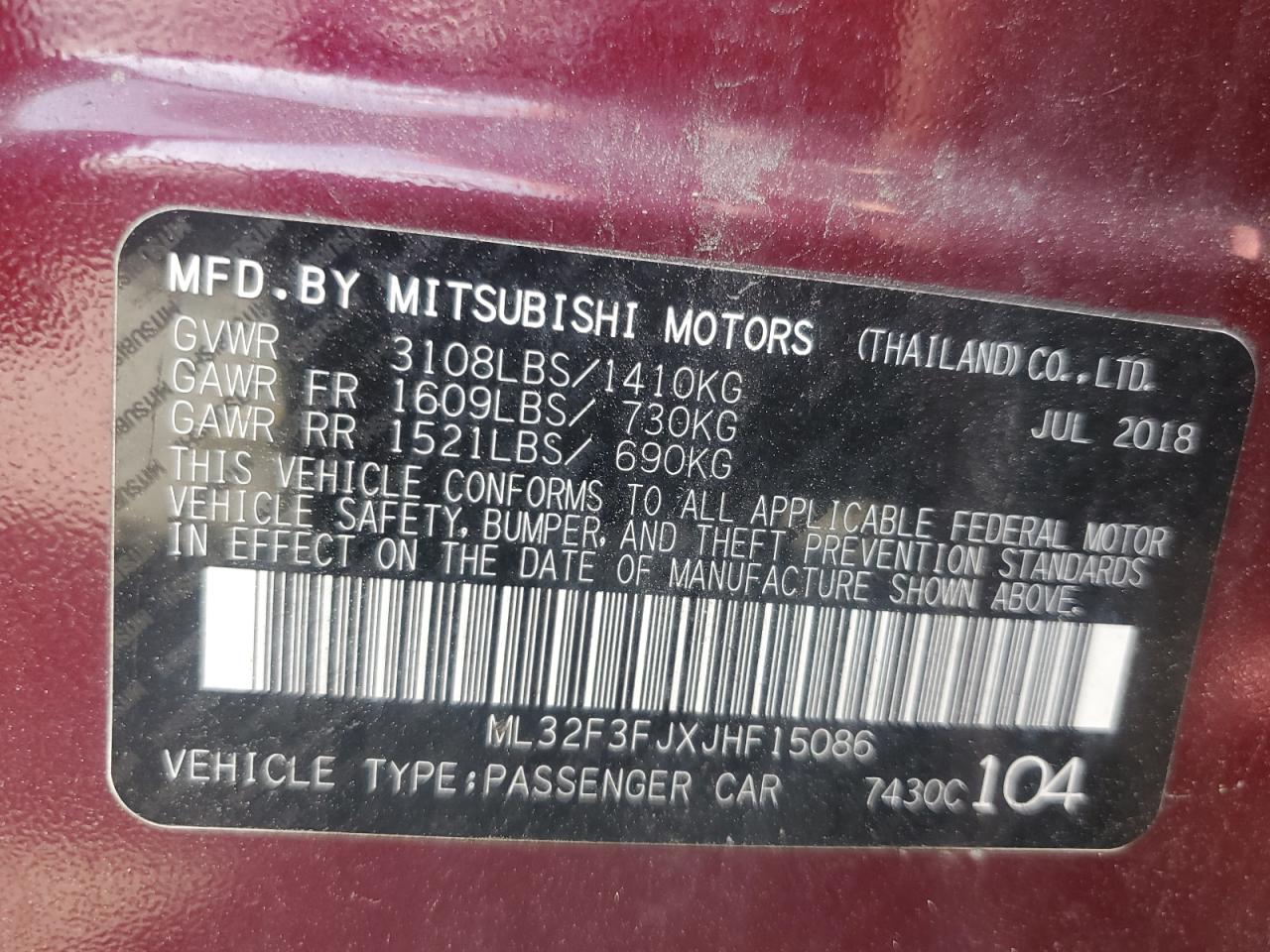 ML32F3FJXJHF15086 2018 Mitsubishi Mirage G4 Es