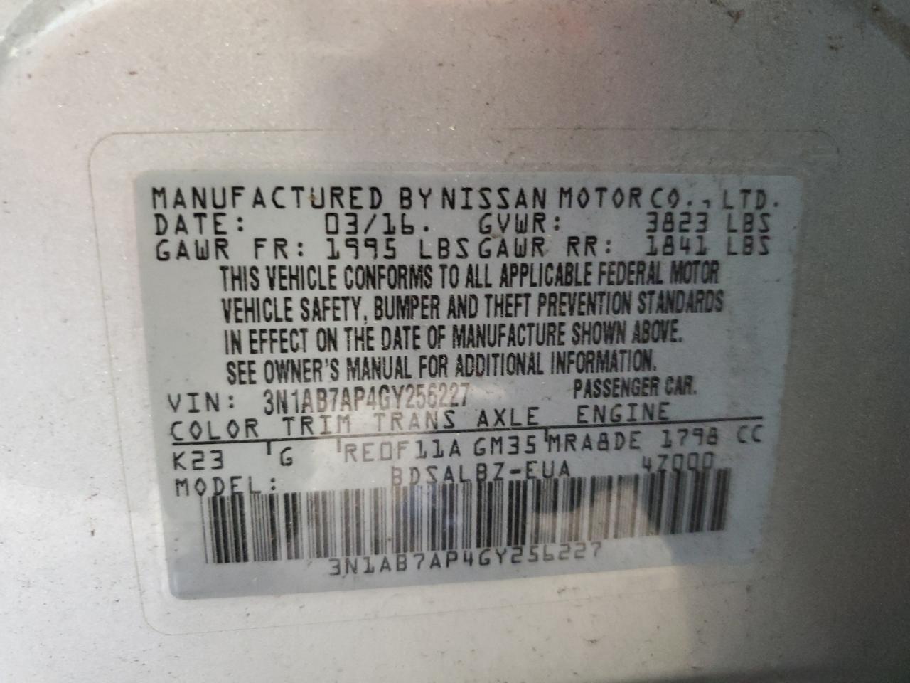 2016 Nissan Sentra S VIN: 3N1AB7AP4GY256227 Lot: 58655214