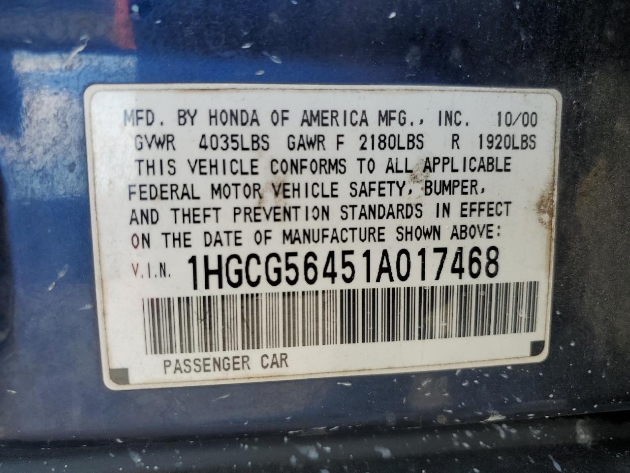 2001 Honda Accord Lx VIN: 1HGCG56451A017468 Lot: 60373174