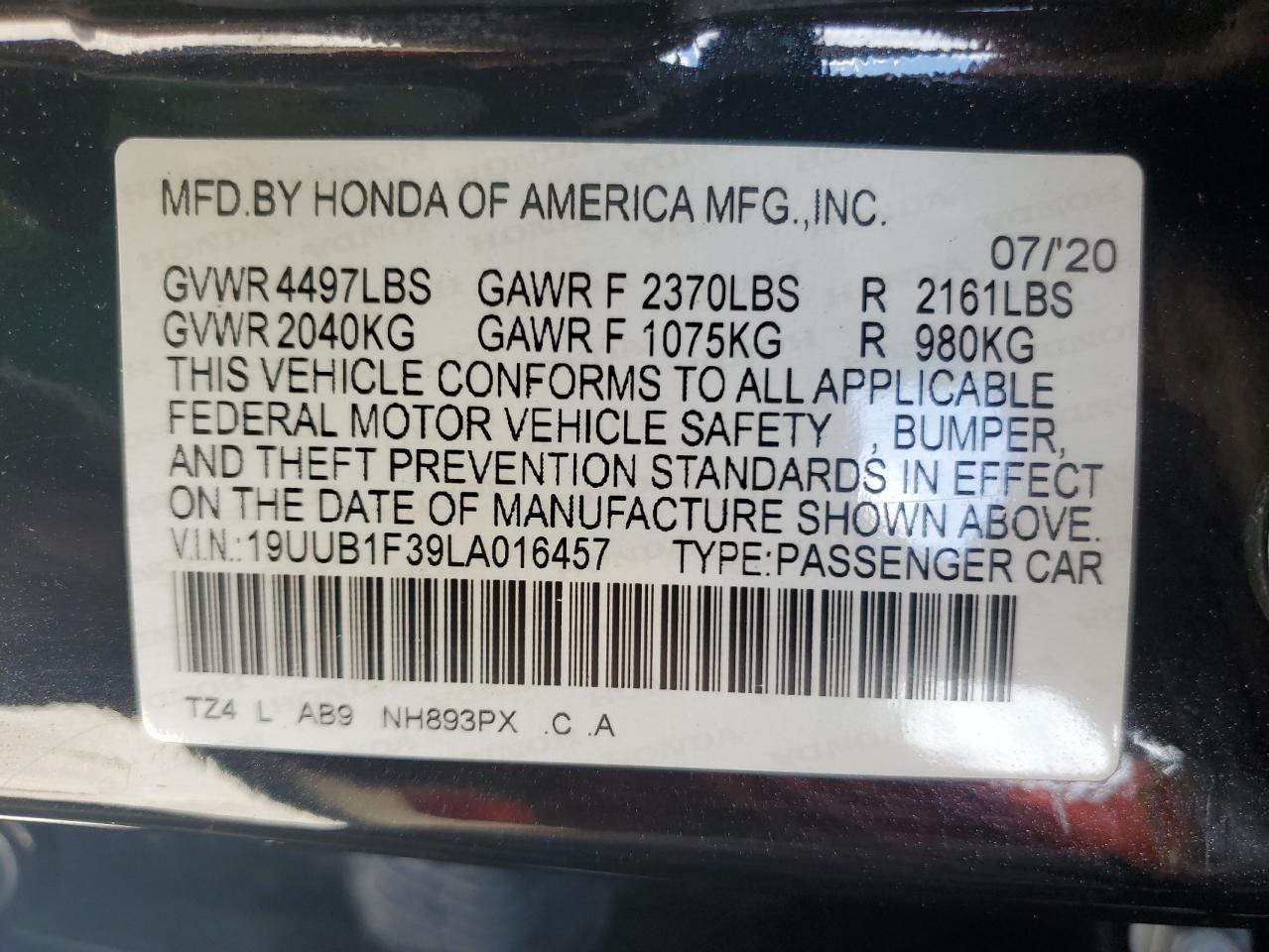 19UUB1F39LA016457 2020 Acura Tlx