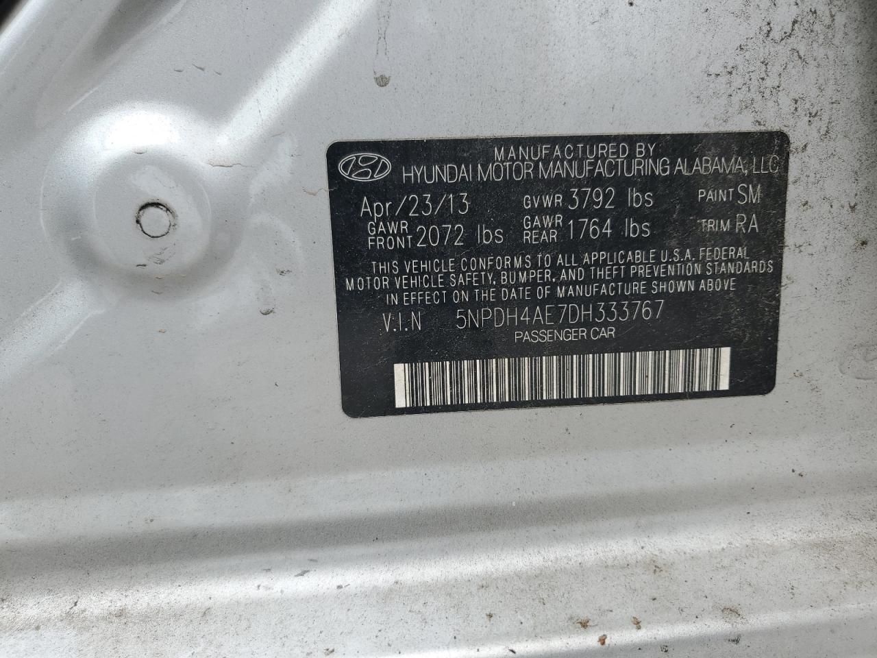 2013 Hyundai Elantra Gls VIN: 5NPDH4AE7DH333767 Lot: 57475934