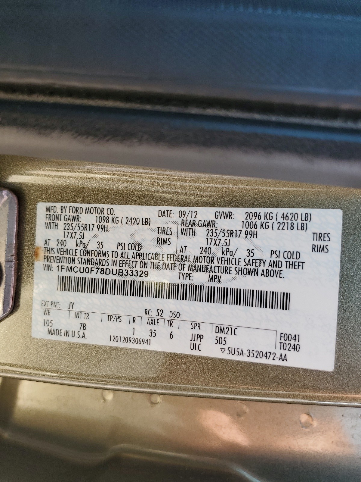 1FMCU0F78DUB33329 2013 Ford Escape S