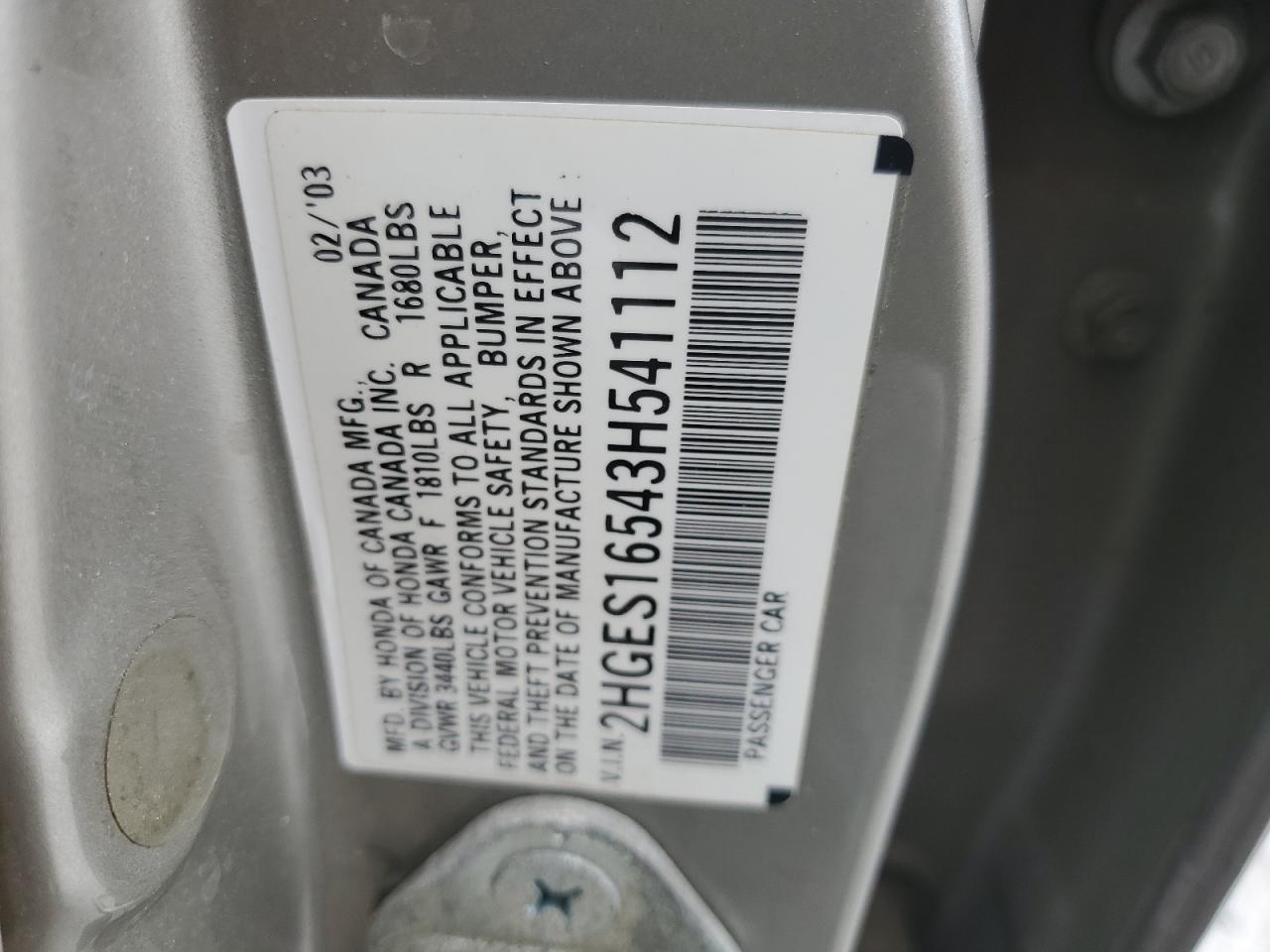 2003 Honda Civic Lx VIN: 2HGES16543H541112 Lot: 61064874