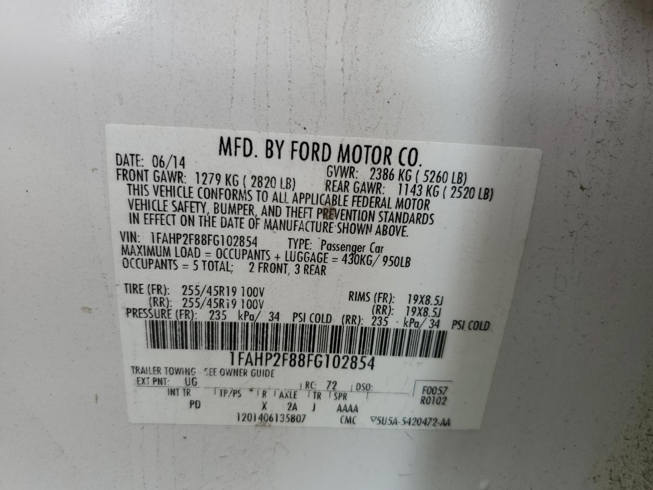 2015 Ford Taurus Limited VIN: 1FAHP2F88FG102854 Lot: 60841294